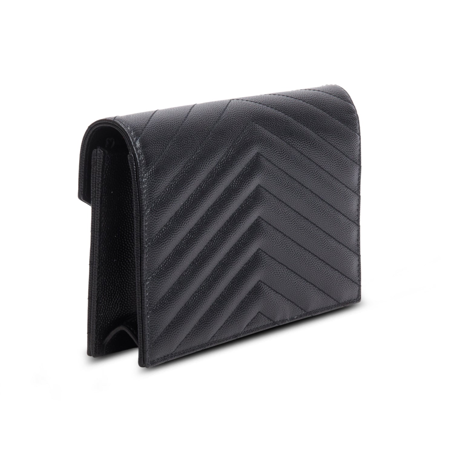 Saint Laurent 2023 Black Grain de Poudre Matelasse Chevron Monogram Chain Wallet w/ Box