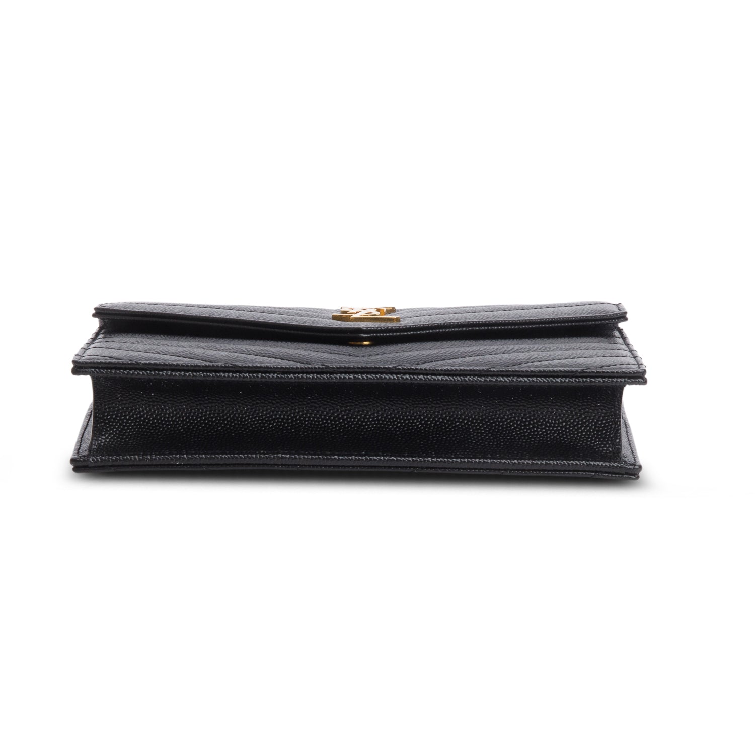 Saint Laurent 2023 Black Grain de Poudre Matelasse Chevron Monogram Chain Wallet w/ Box