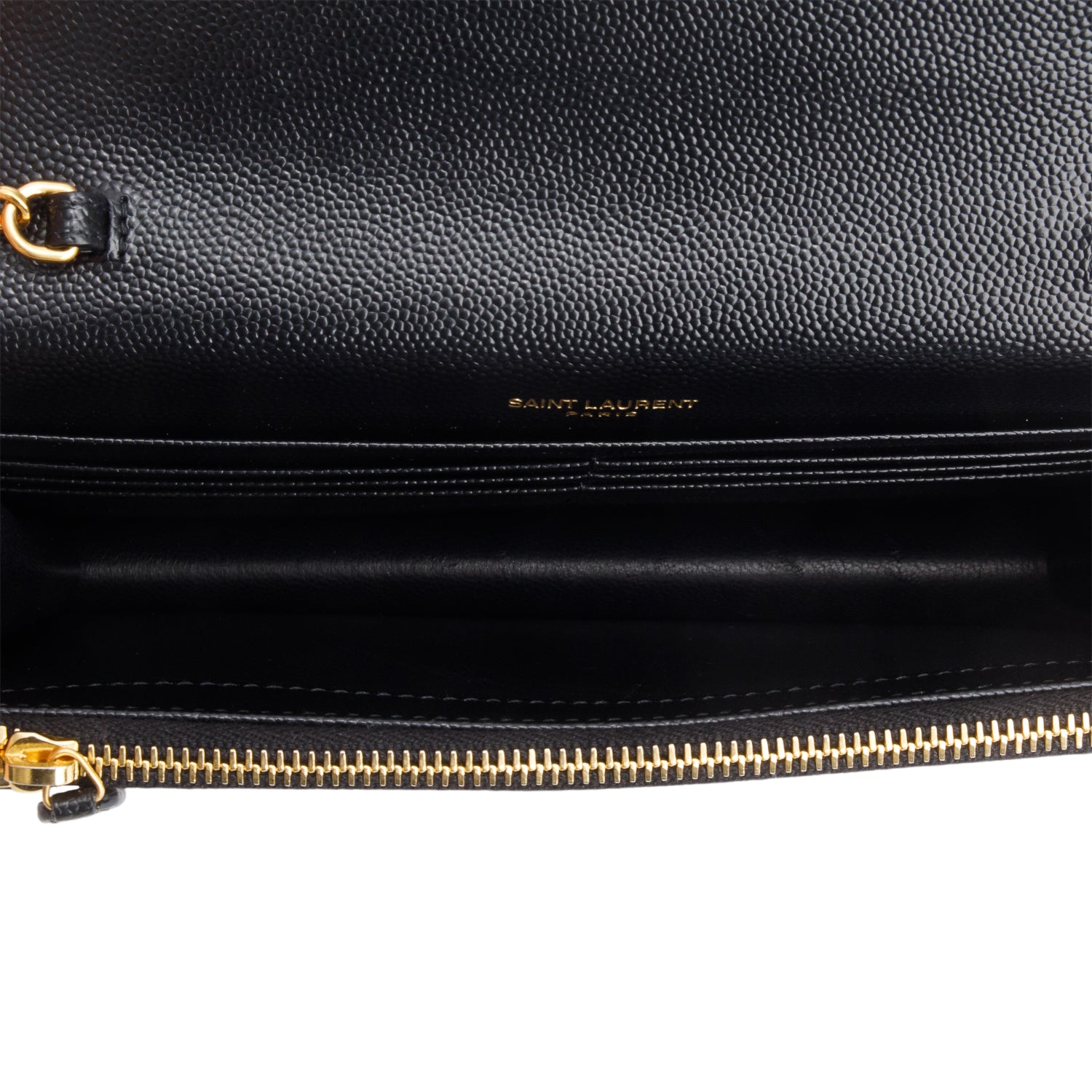 Saint Laurent 2023 Black Grain de Poudre Matelasse Chevron Monogram Chain Wallet w/ Box