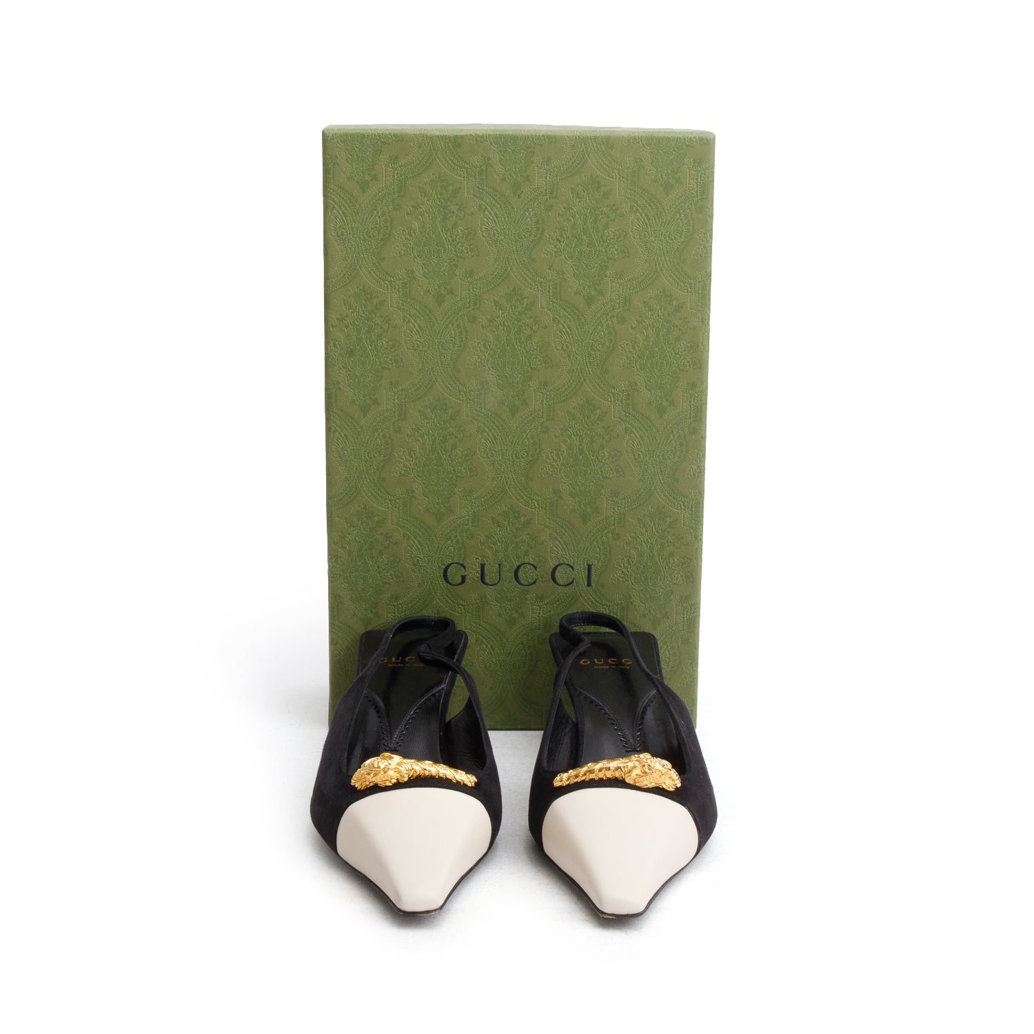 Gucci Black/White Calfskin Suede Embellished Slingback Pumps, Women's Size 39 w/ Box