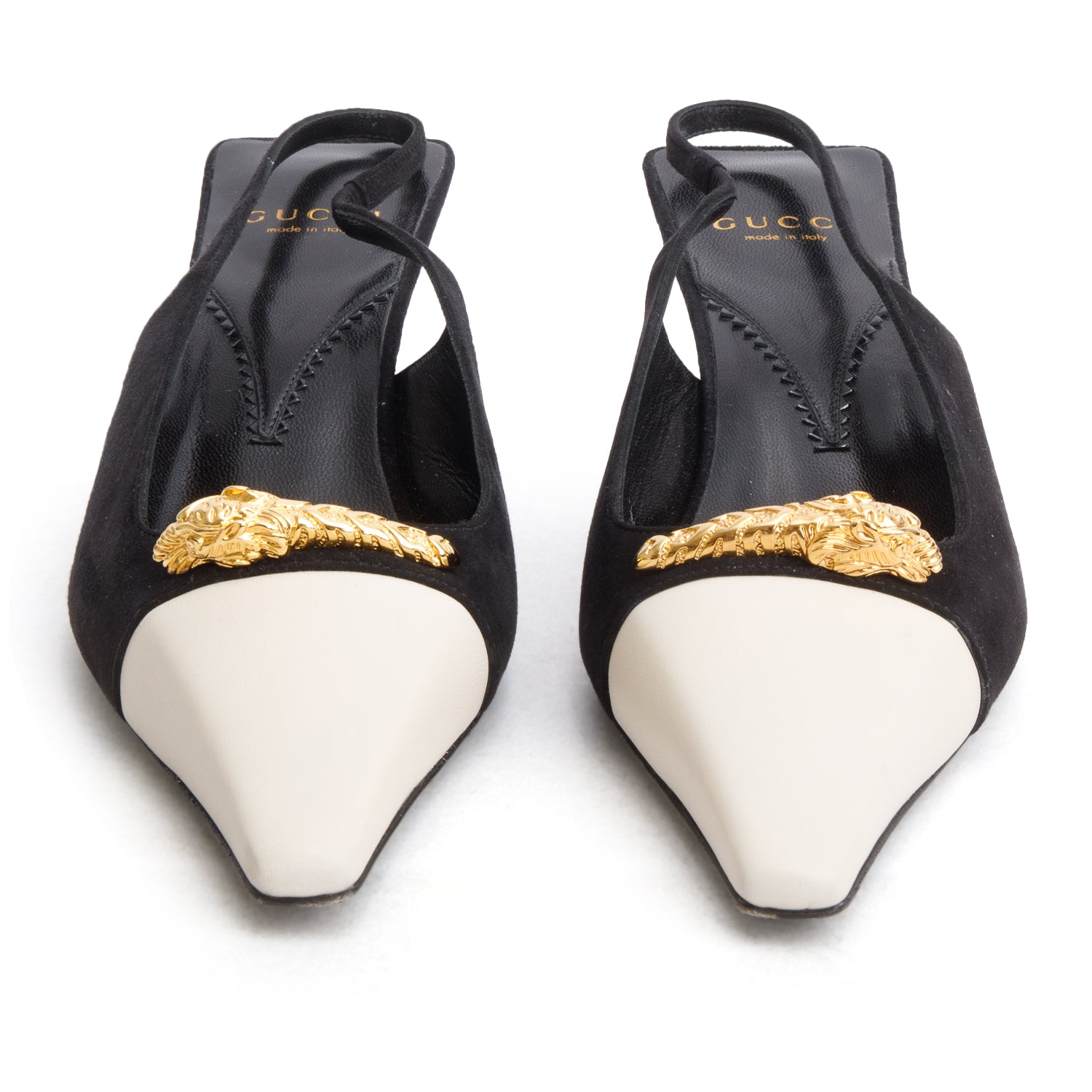 Gucci Black/White Calfskin Suede Embellished Slingback Pumps, Women's Size 39 w/ Box