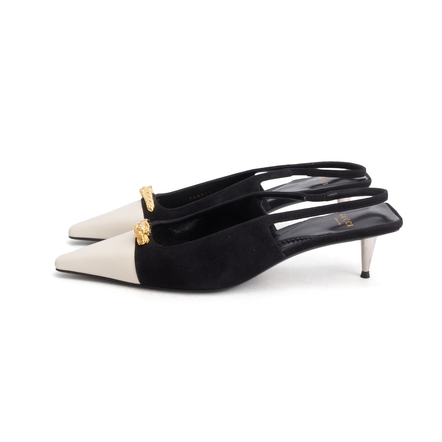 Gucci Black/White Calfskin Suede Embellished Slingback Pumps, Women's Size 39 w/ Box