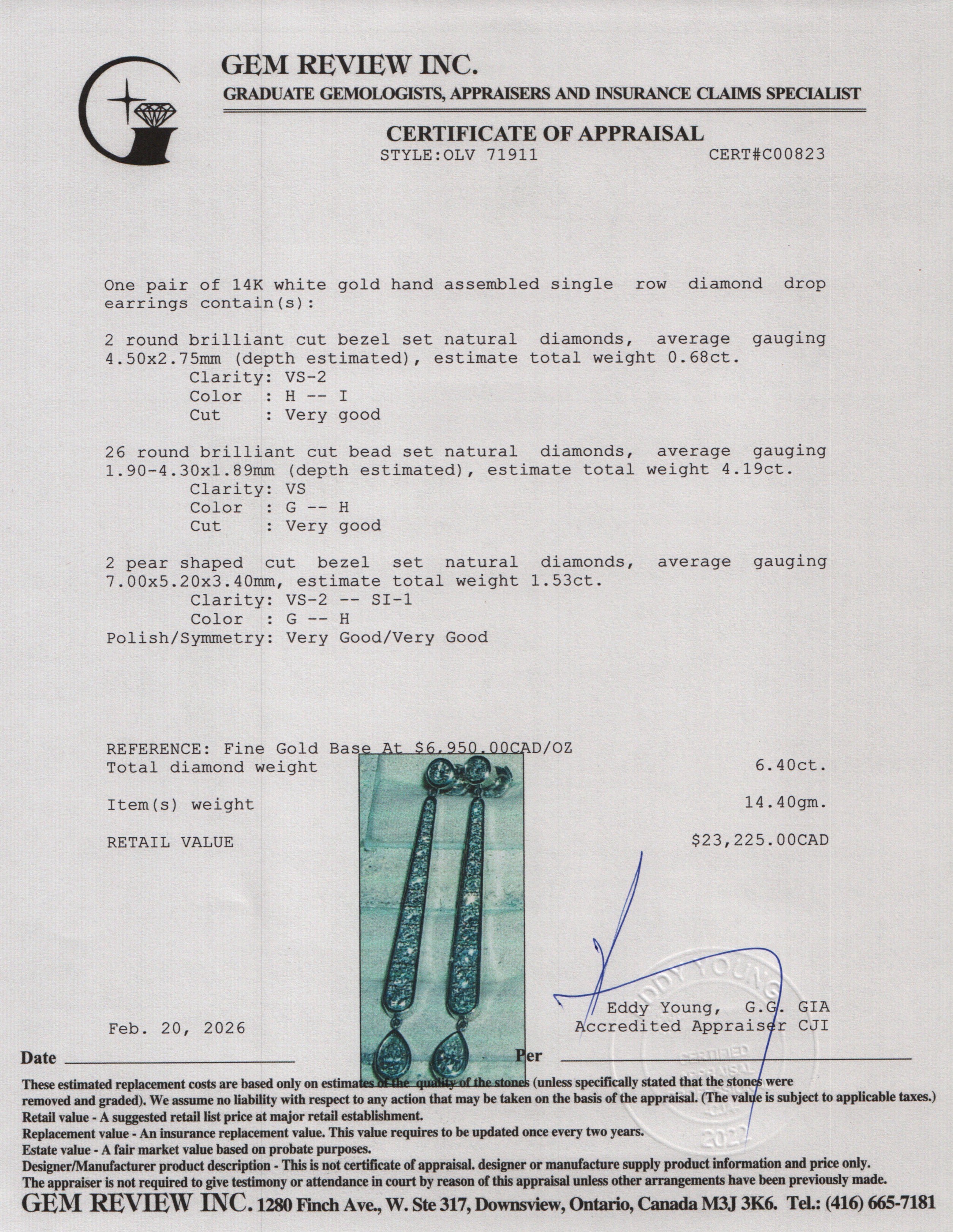 14k White Gold 6.40 tcw. Diamond Drop Earrings