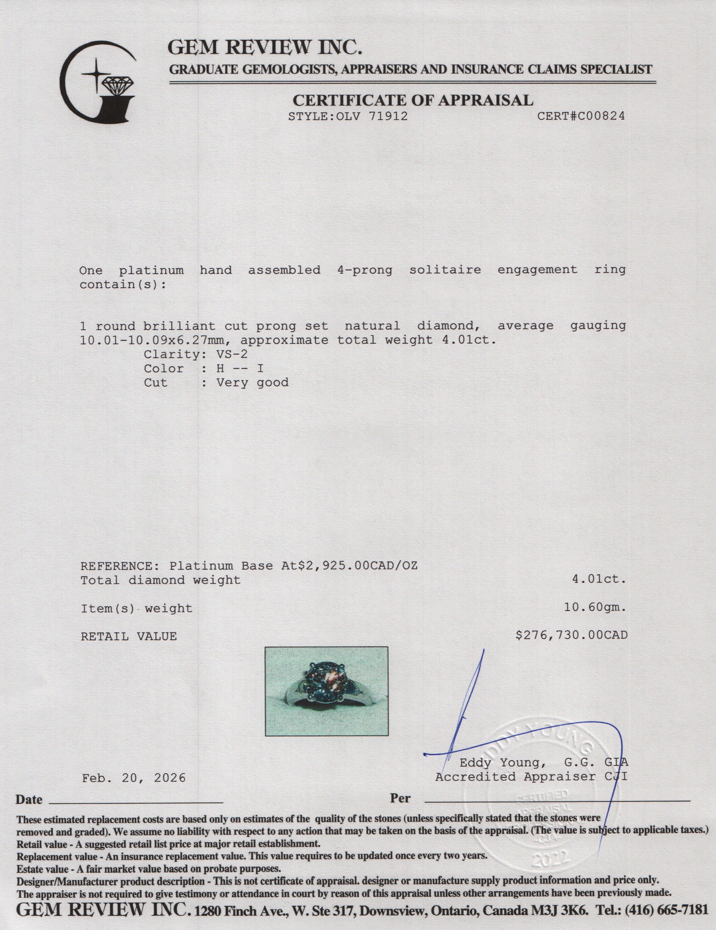 Platinum 4.01 ct. Round Cut Solitaire Diamond Engagement Ring, Size 6.25