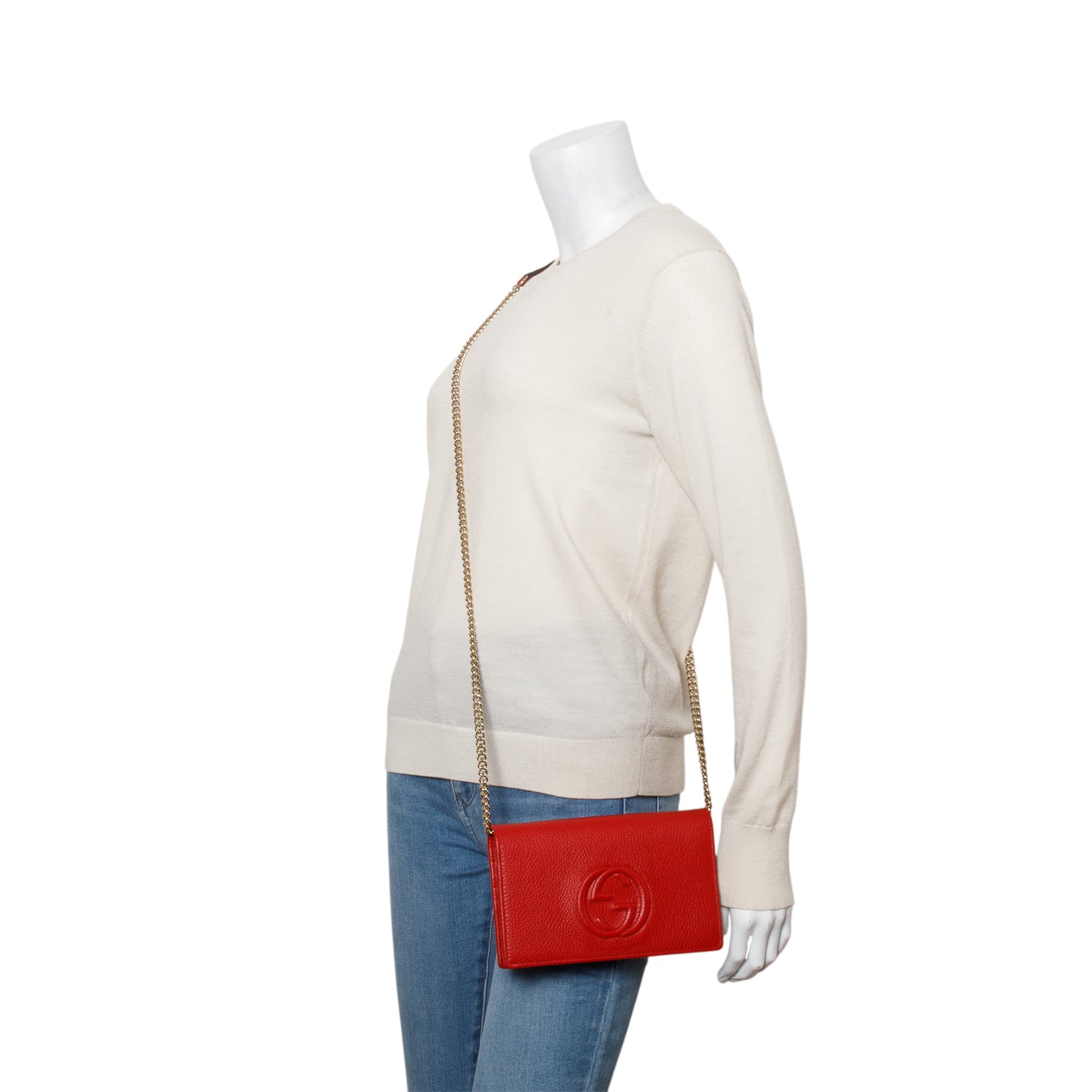 Gucci Red Pebbled Calfskin Soho Wallet on Chain