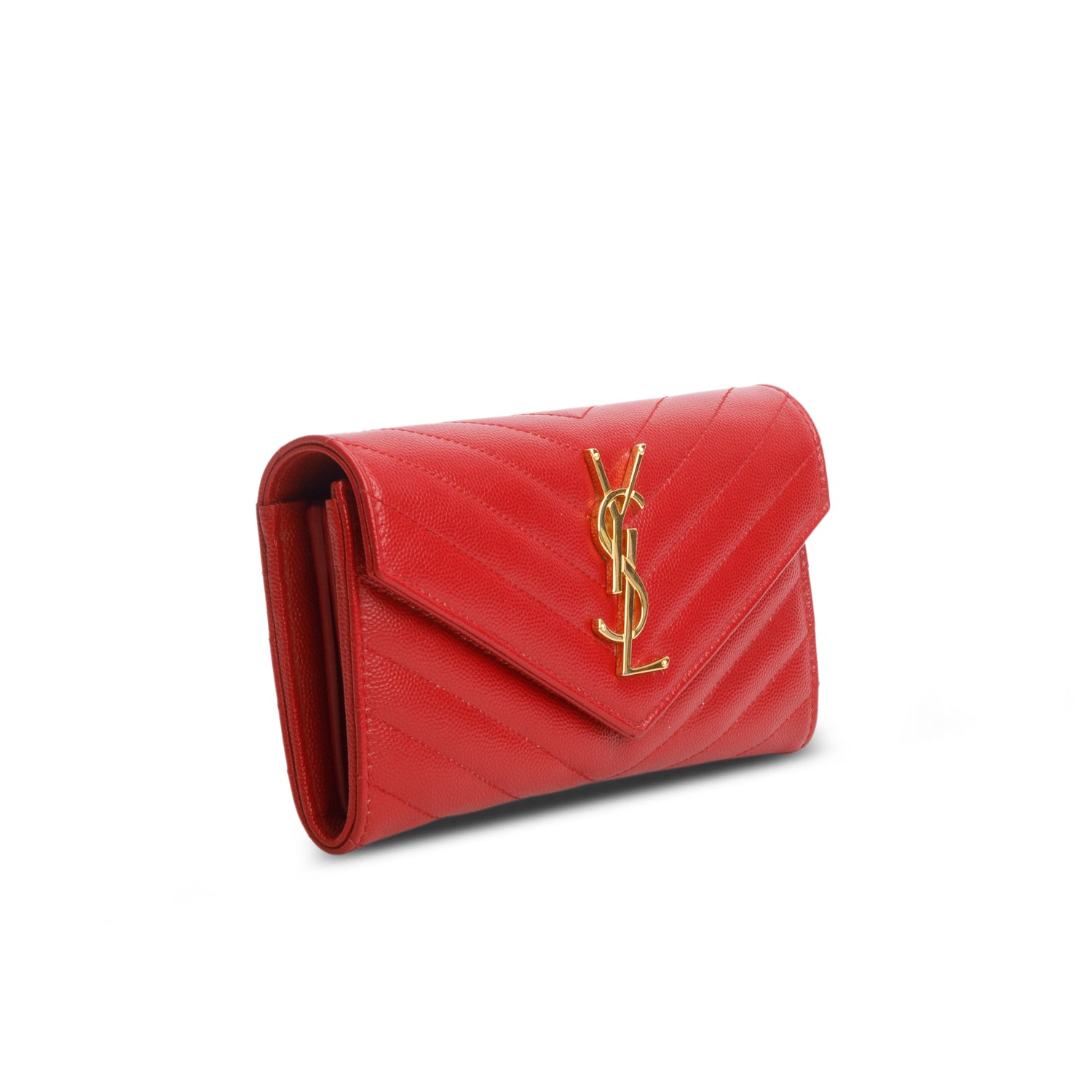 Saint Laurent Red Grain de Poudre Matelasse Chevron Monogram Flap Wallet