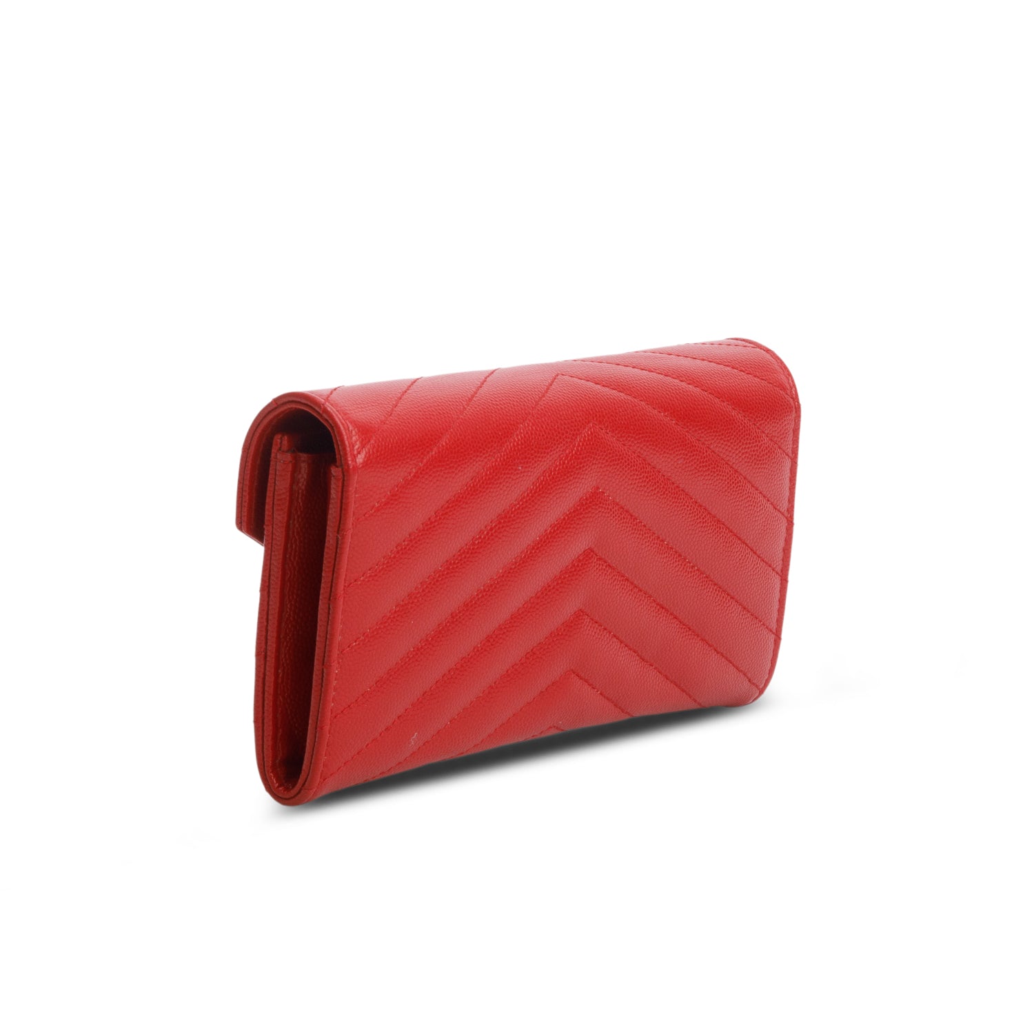 Saint Laurent Red Grain de Poudre Matelasse Chevron Monogram Flap Wallet