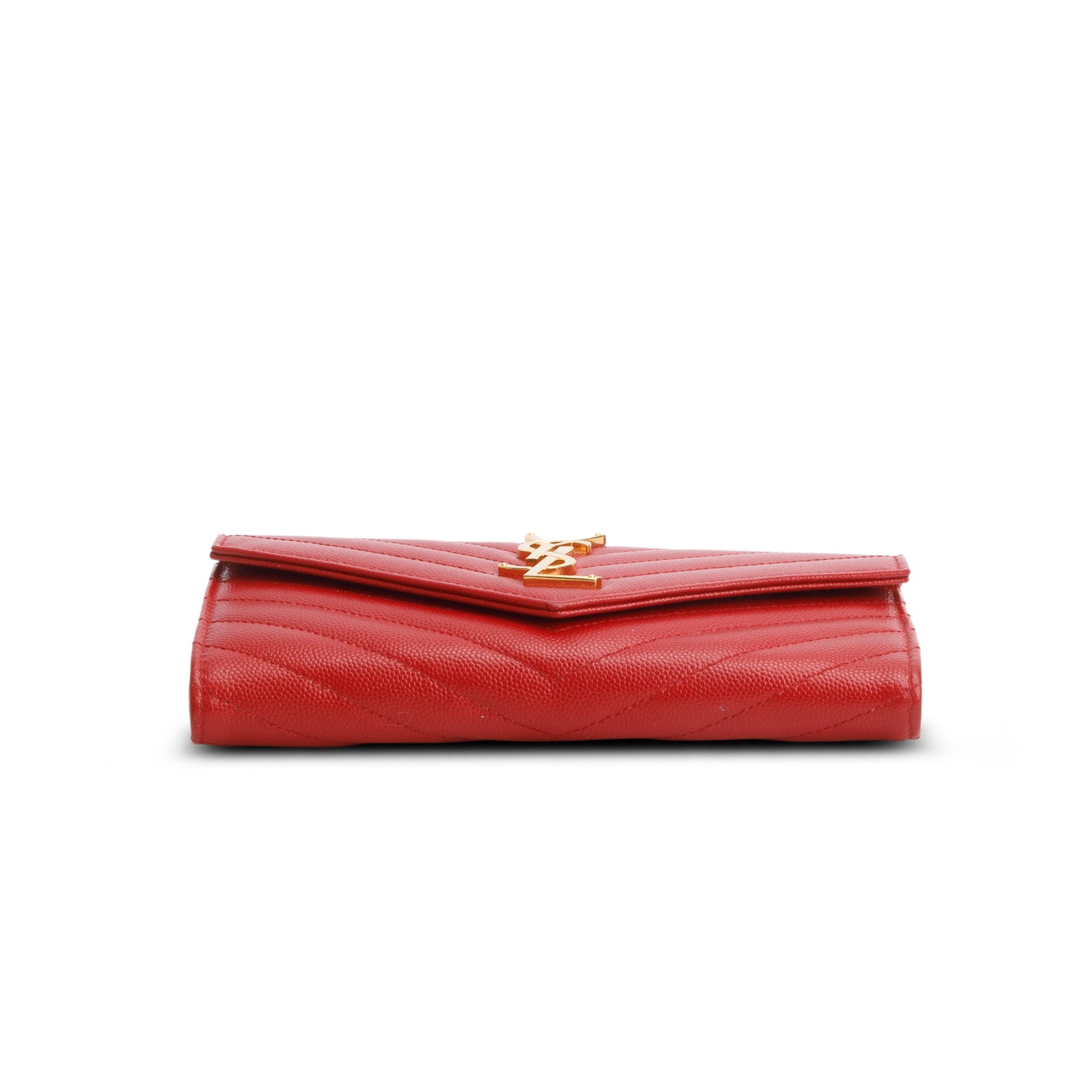 Saint Laurent Red Grain de Poudre Matelasse Chevron Monogram Flap Wallet