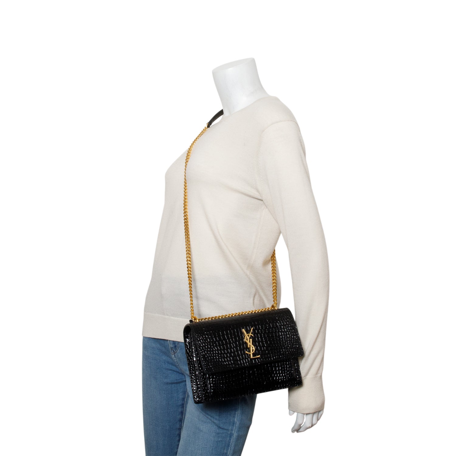 Saint Laurent 2023 Black Croc Embossed Calfskin Medium Sunset Bag