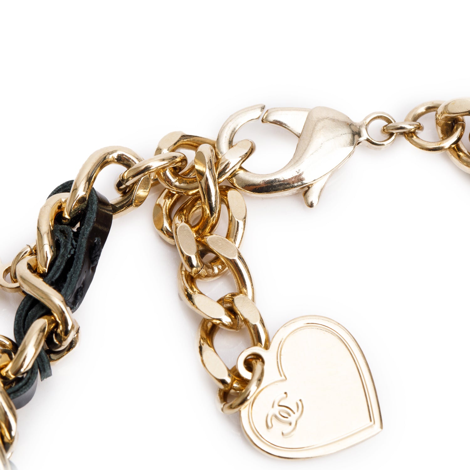 Chanel Gold Plated Black Leather Faux Pearl Lucky Charm Bracelet w/ Box