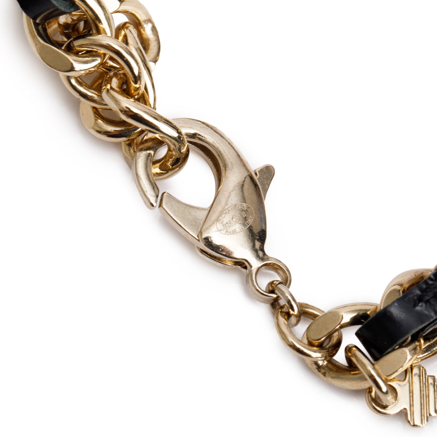 Chanel Gold Plated Black Leather Faux Pearl Lucky Charm Bracelet w/ Box