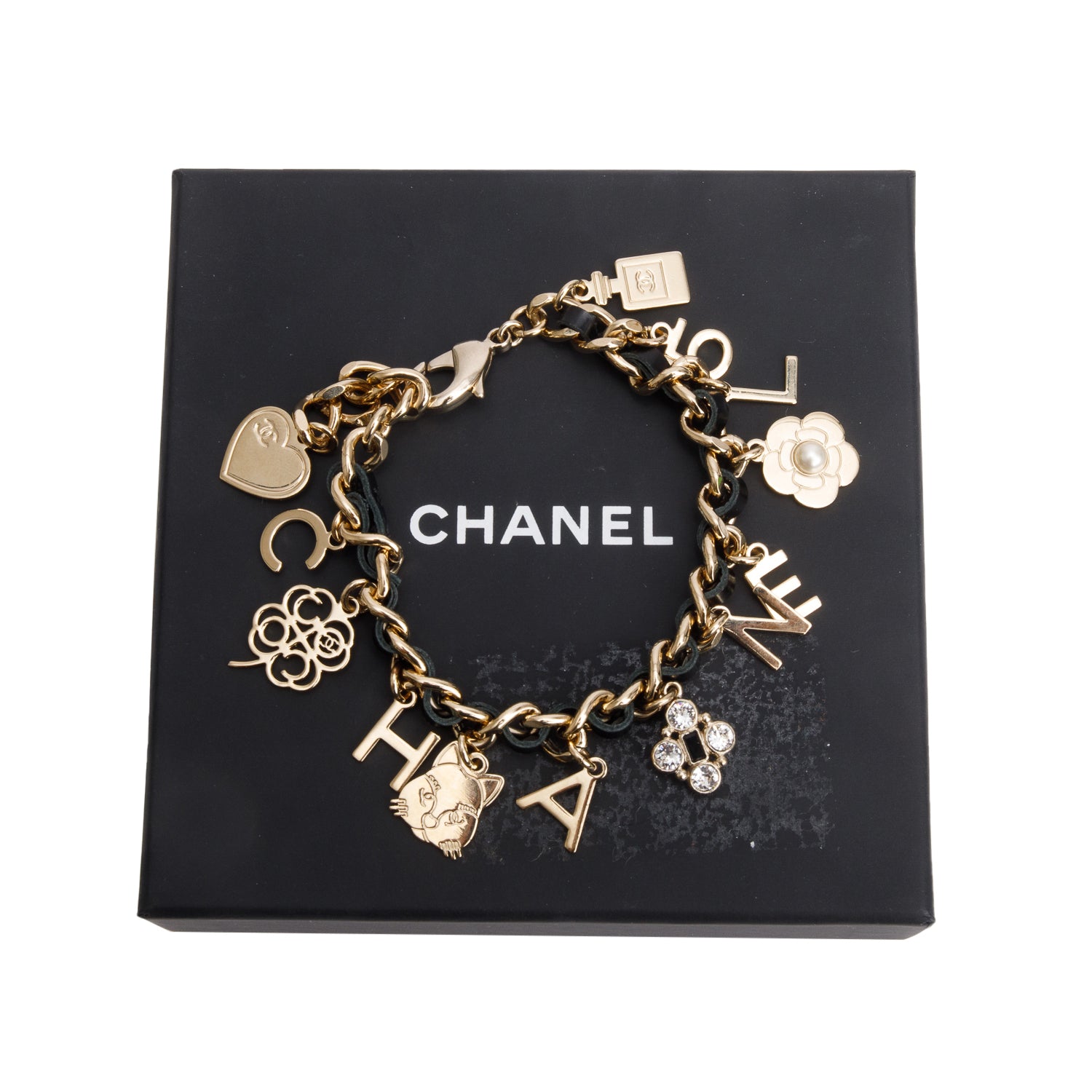 Chanel Gold Plated Black Leather Faux Pearl Lucky Charm Bracelet w/ Box