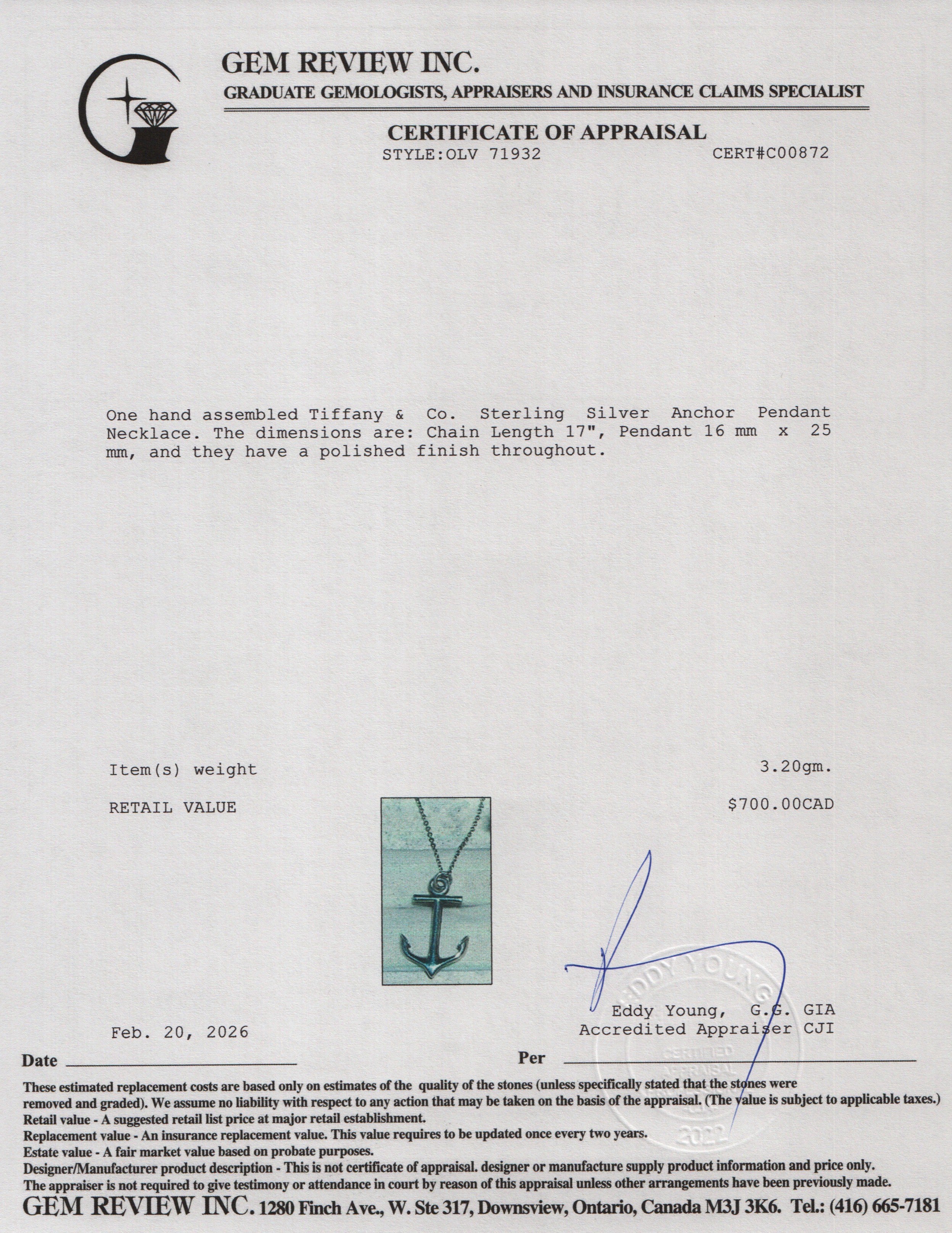 Tiffany & Co. Sterling Silver Anchor Pendant Necklace