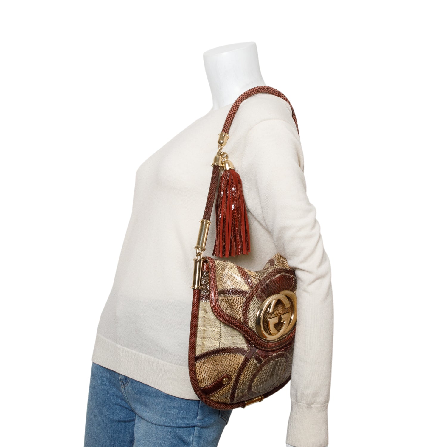 Gucci Multicolor Snakeskin Medium Britt Tassel Shoulder Bag