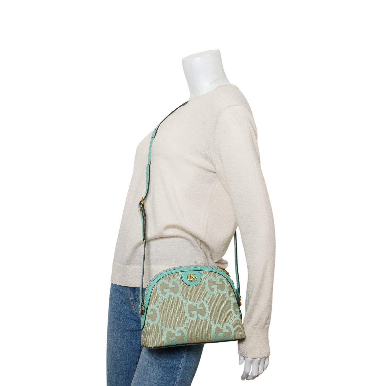 Gucci Green Calfskin Leather Trim Jumbo GG Canvas Small Ophidia Dome Crossbody Bag w/ Box