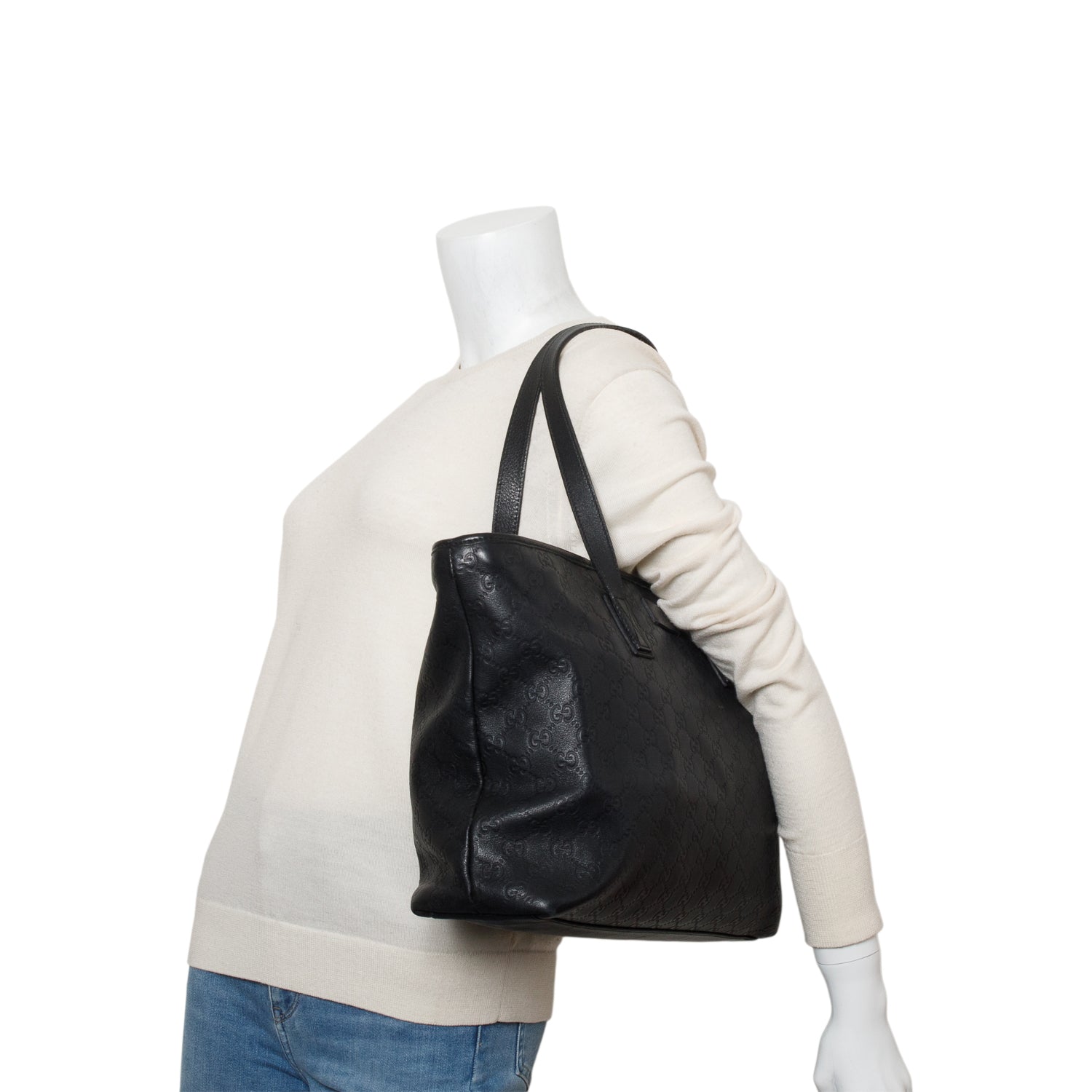 Gucci Black Leather Signature Zippered Shopping Tote