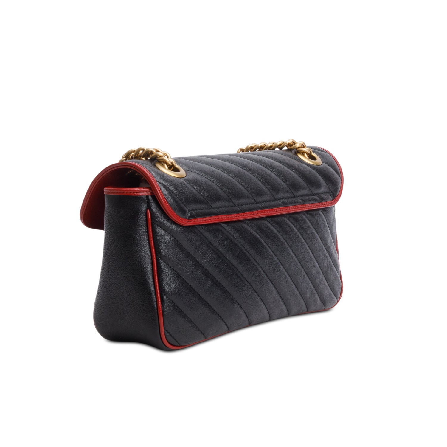 Gucci Black Red Vintage Effect Calfskin Matelasse Diaonal Medium Torchon GG Marmont Shoulder Bag