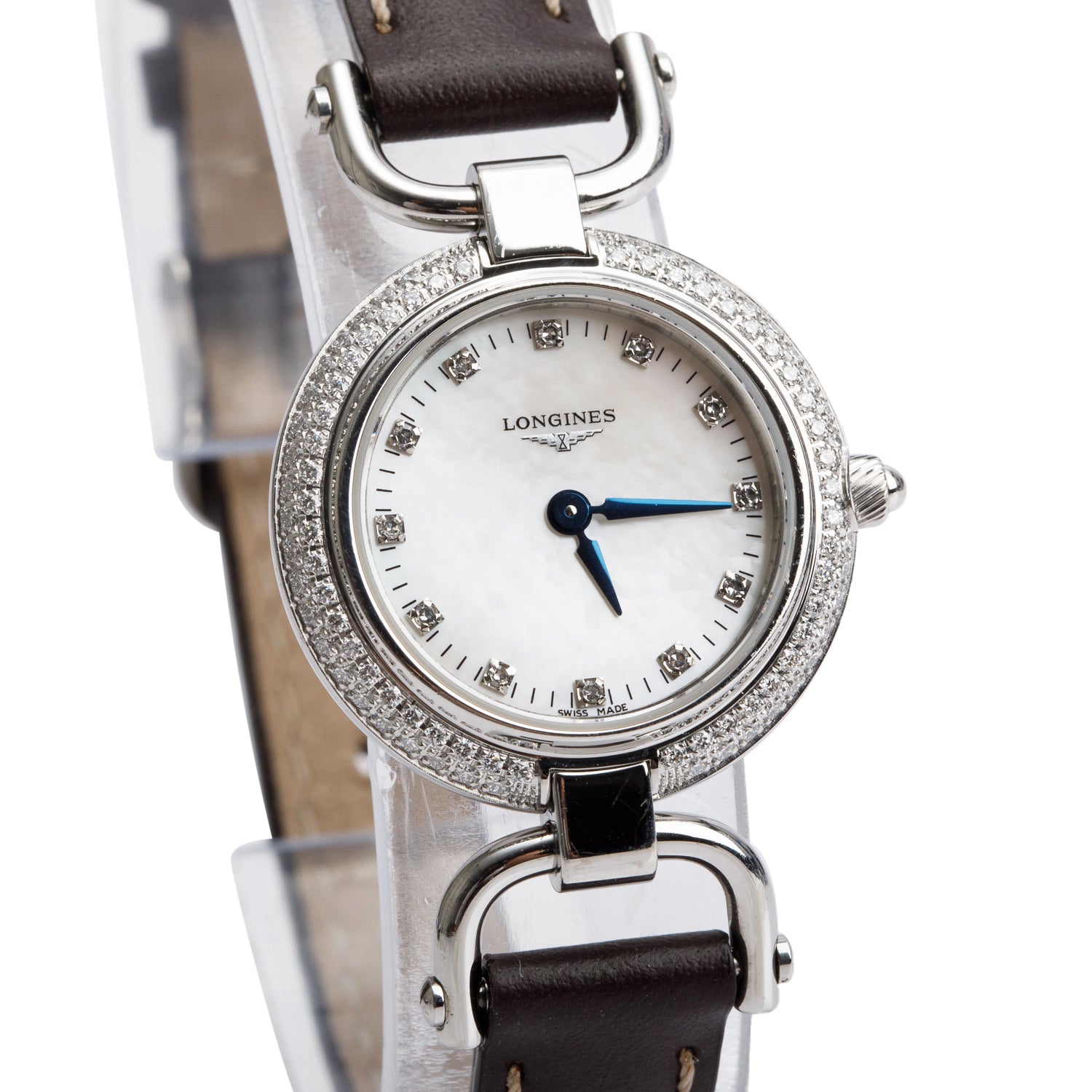 Longines Stainless Steel Diamond Bezel Equestrian 23.5 MM Quartz Watch Mother of Pearl Diamond Dial