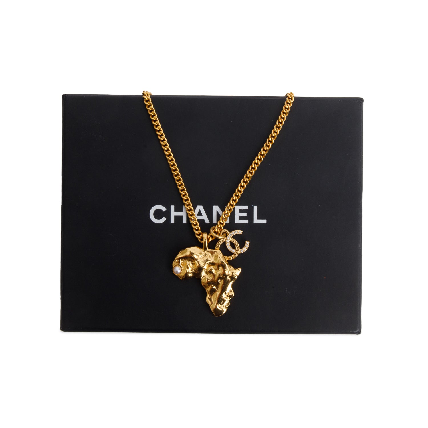 Chanel 2023 Gold-Plated Metal Strass CC Faux Pearl Horse Head Pendant Necklace w/ Box