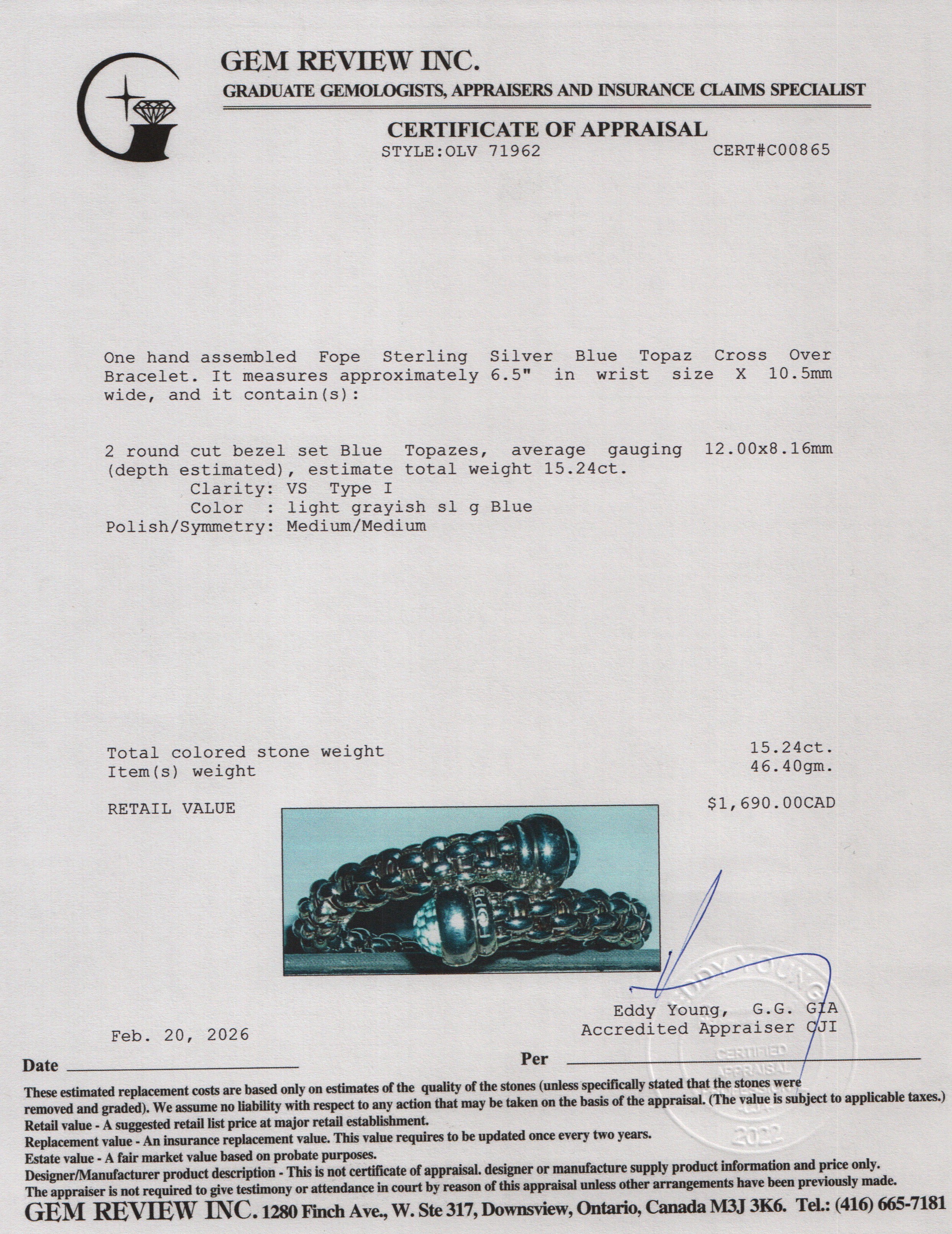 Fope Sterling Silver Blue Topaz Cross Over Bracelet