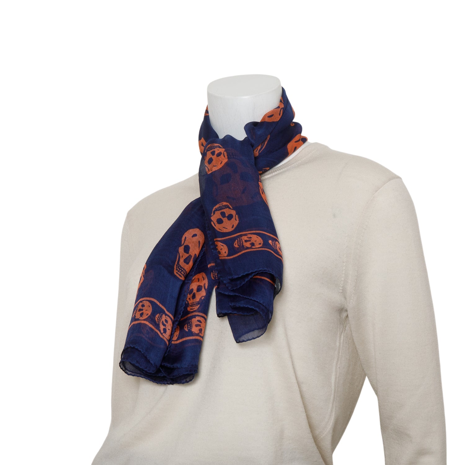 Alexander McQueen Navy/Orange Skull Printed Silk Scarf