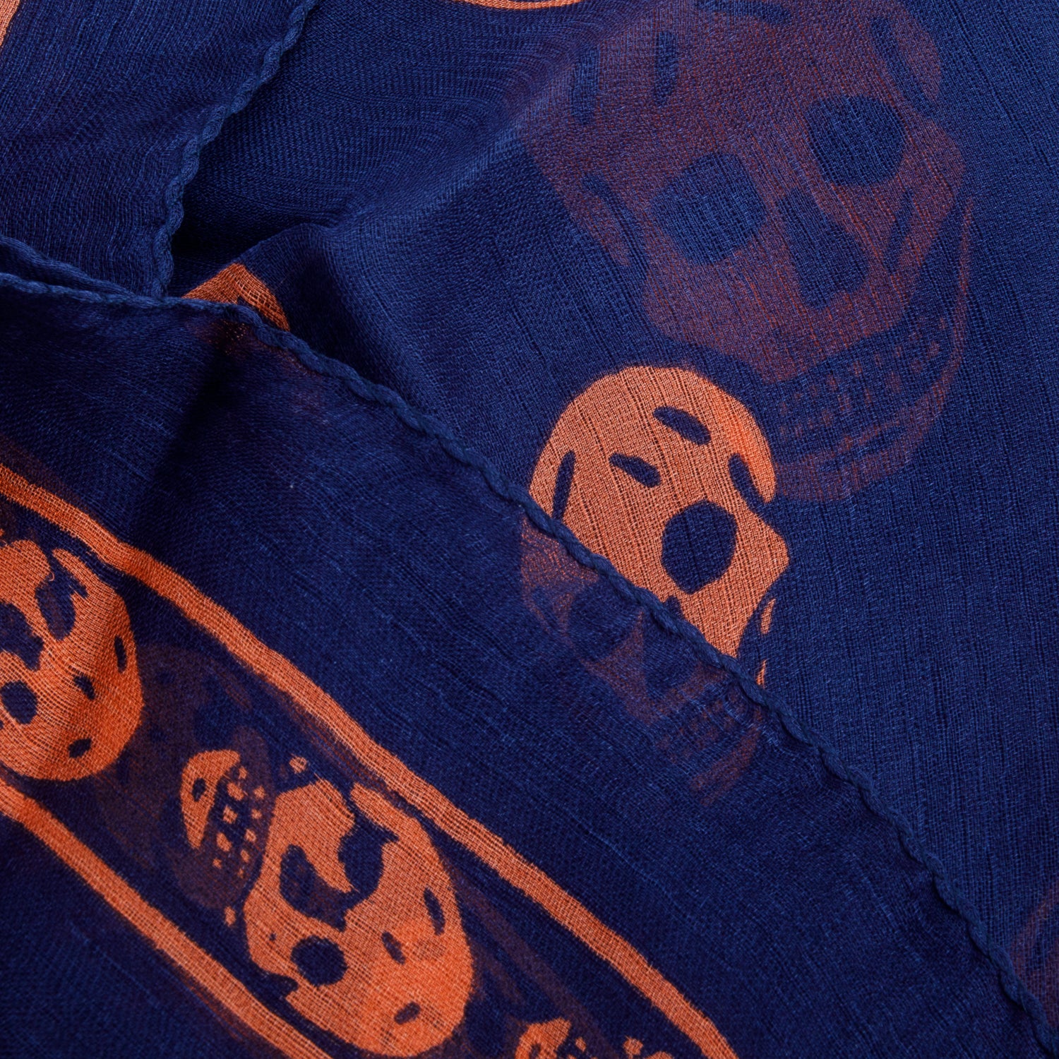 Alexander McQueen Navy/Orange Skull Printed Silk Scarf