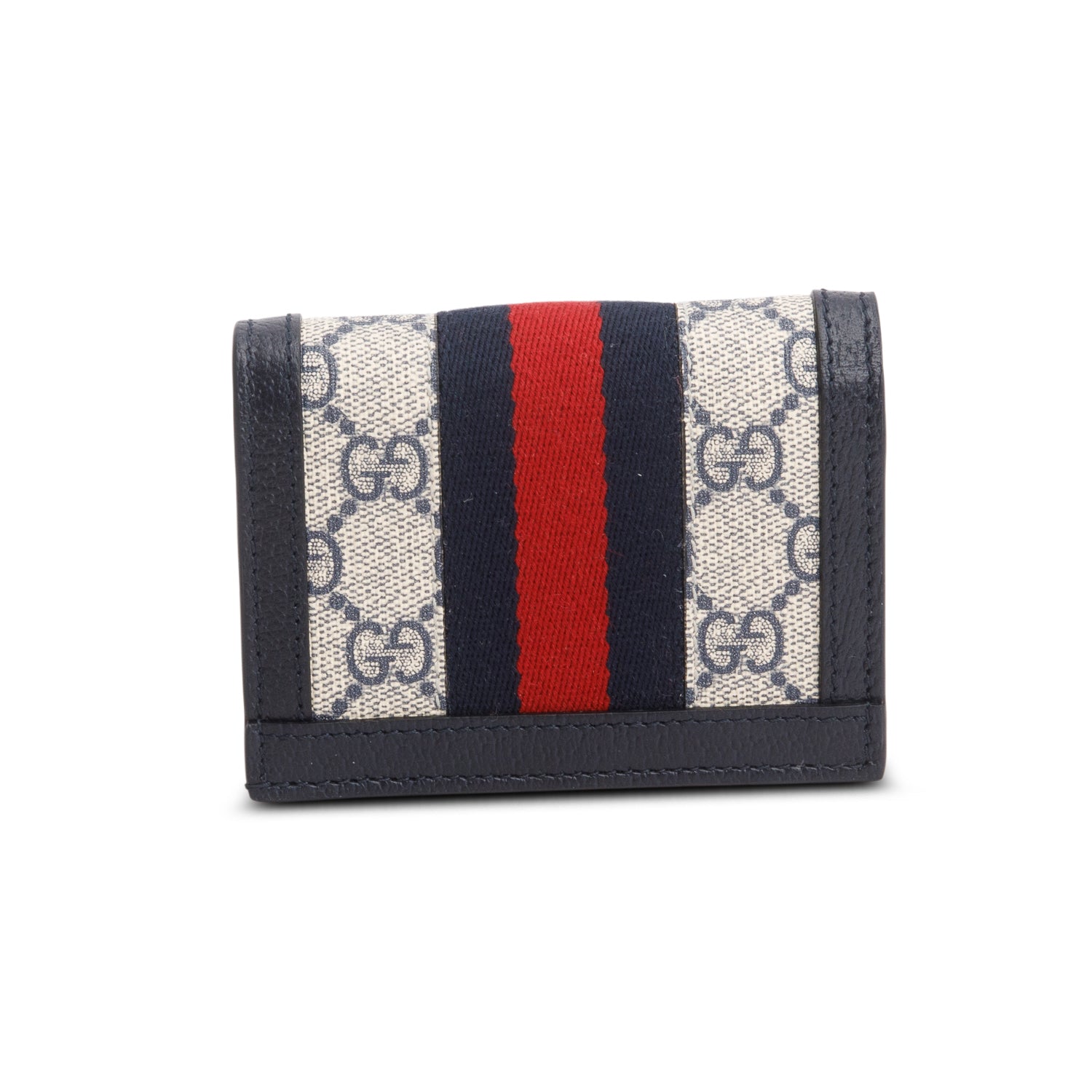 Gucci Navy GG Supreme Ophidia Textured Calfskin Web Ophidia Card Case w/ Box