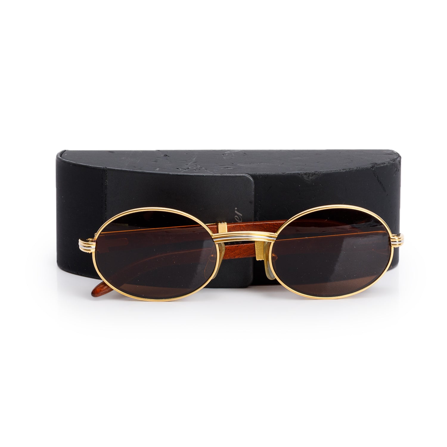 Cartier 135B Brown Giverny Platinum and Wood Oval Sunglasses w/ Case