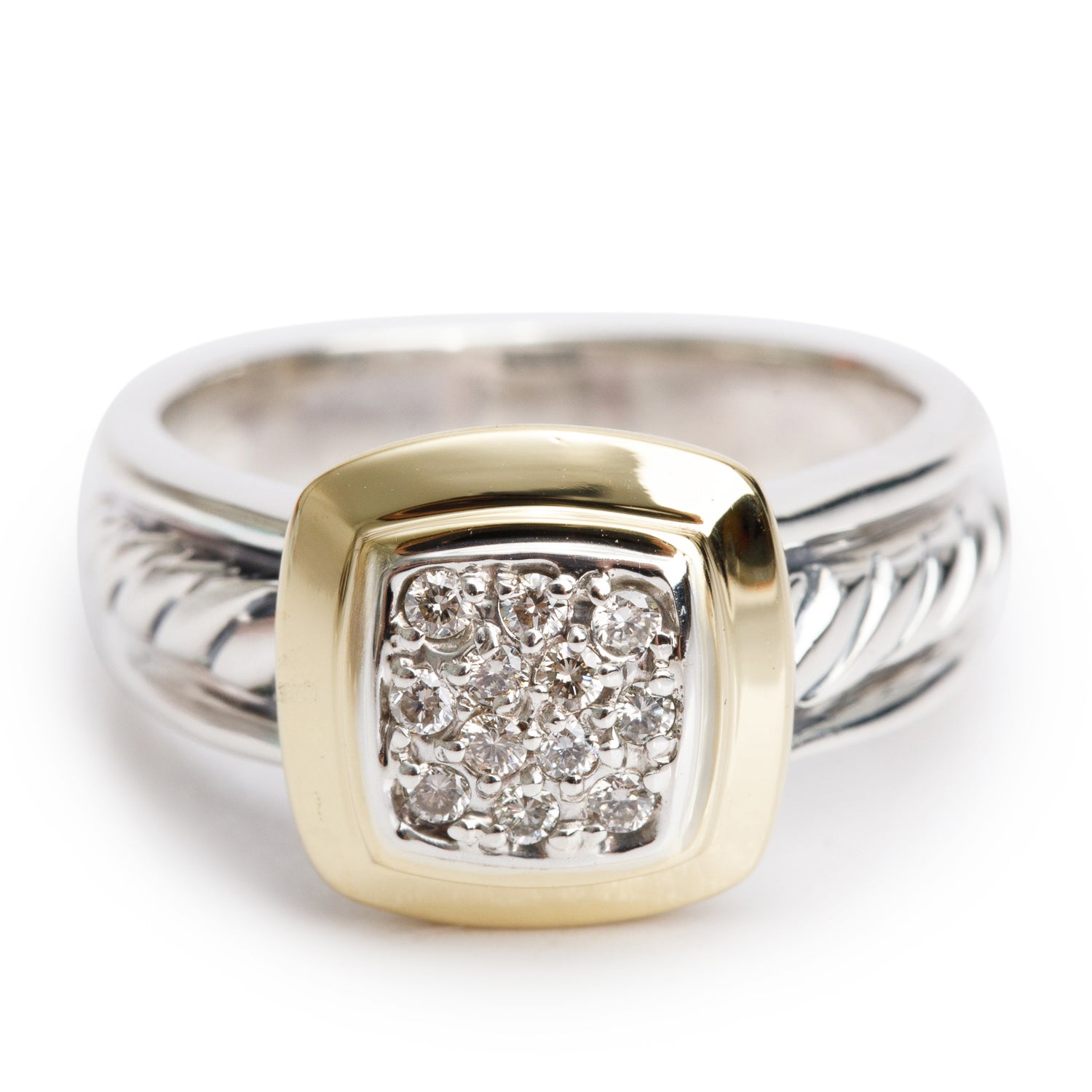 David Yurman Vintage Sterling Silver & 18k Yellow Gold Diamond Cable Cocktail Ring, Size 7