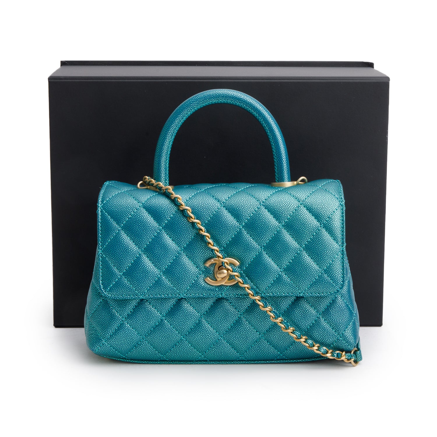 Chanel Metallic Green Caviar Quilted Mini Coco Top Handle Flap Bag w/ Box & Authenticity Card