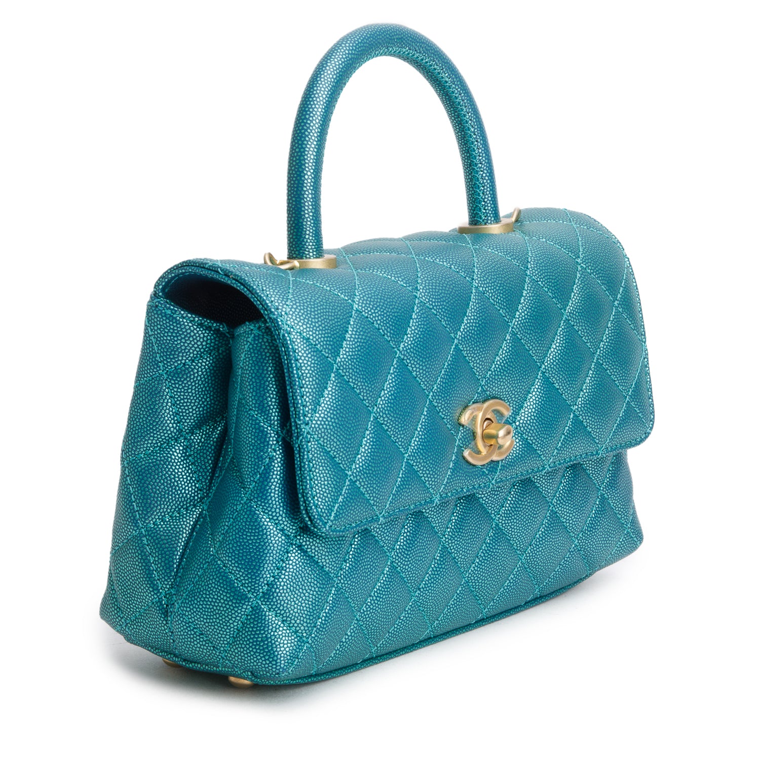 Chanel Metallic Green Caviar Quilted Mini Coco Top Handle Flap Bag w/ Box & Authenticity Card