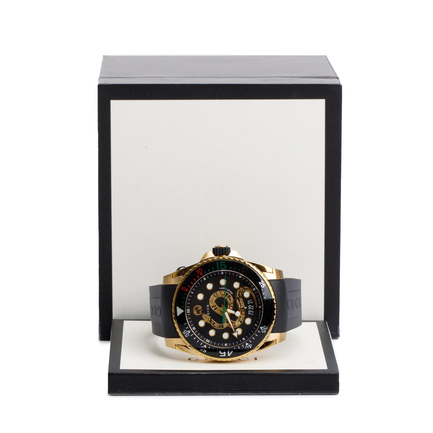 Gucci Gold-Plated Stainless Steel Dive 45 MM Quartz Watch Black Dial YA136219 w/ Box & Papers