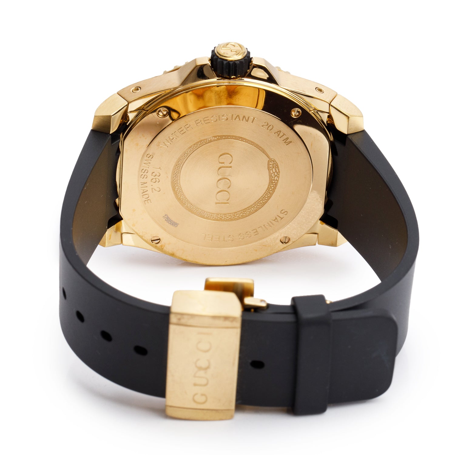 Gucci Gold-Plated Stainless Steel Dive 45 MM Quartz Watch Black Dial YA136219 w/ Box & Papers
