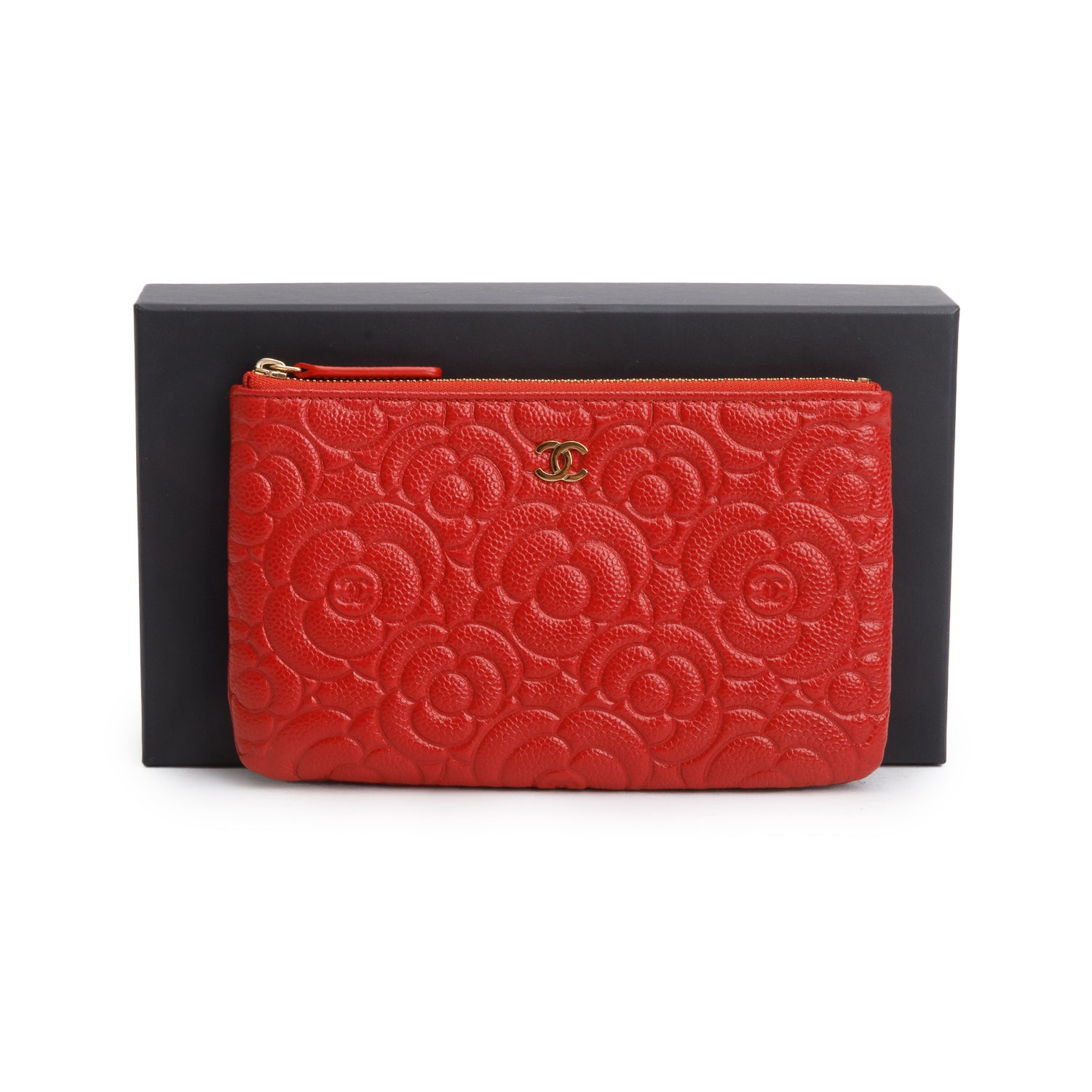 Chanel Red Caviar Camellia Embossed O-Case w/ Box & Authenticity Card