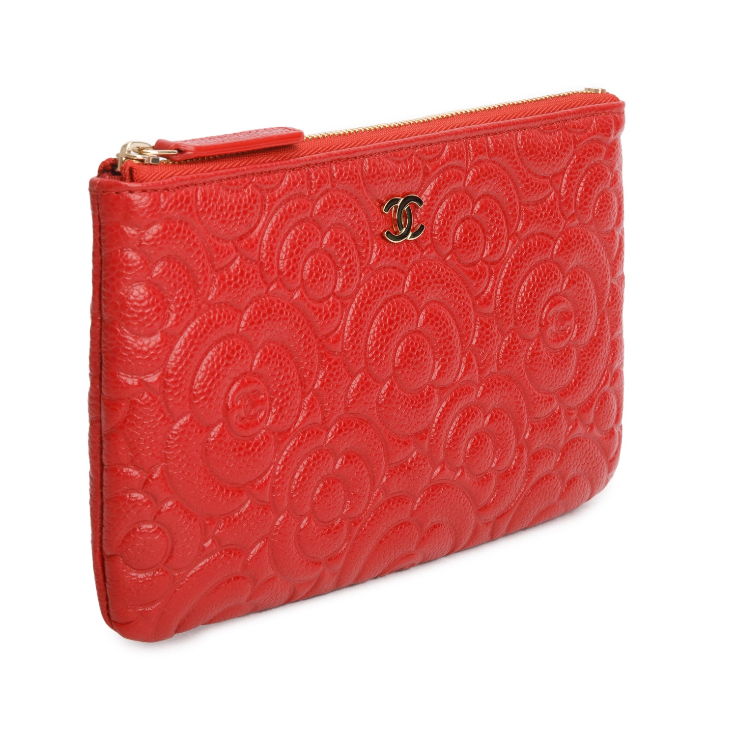 Chanel Red Caviar Camellia Embossed O-Case w/ Box & Authenticity Card
