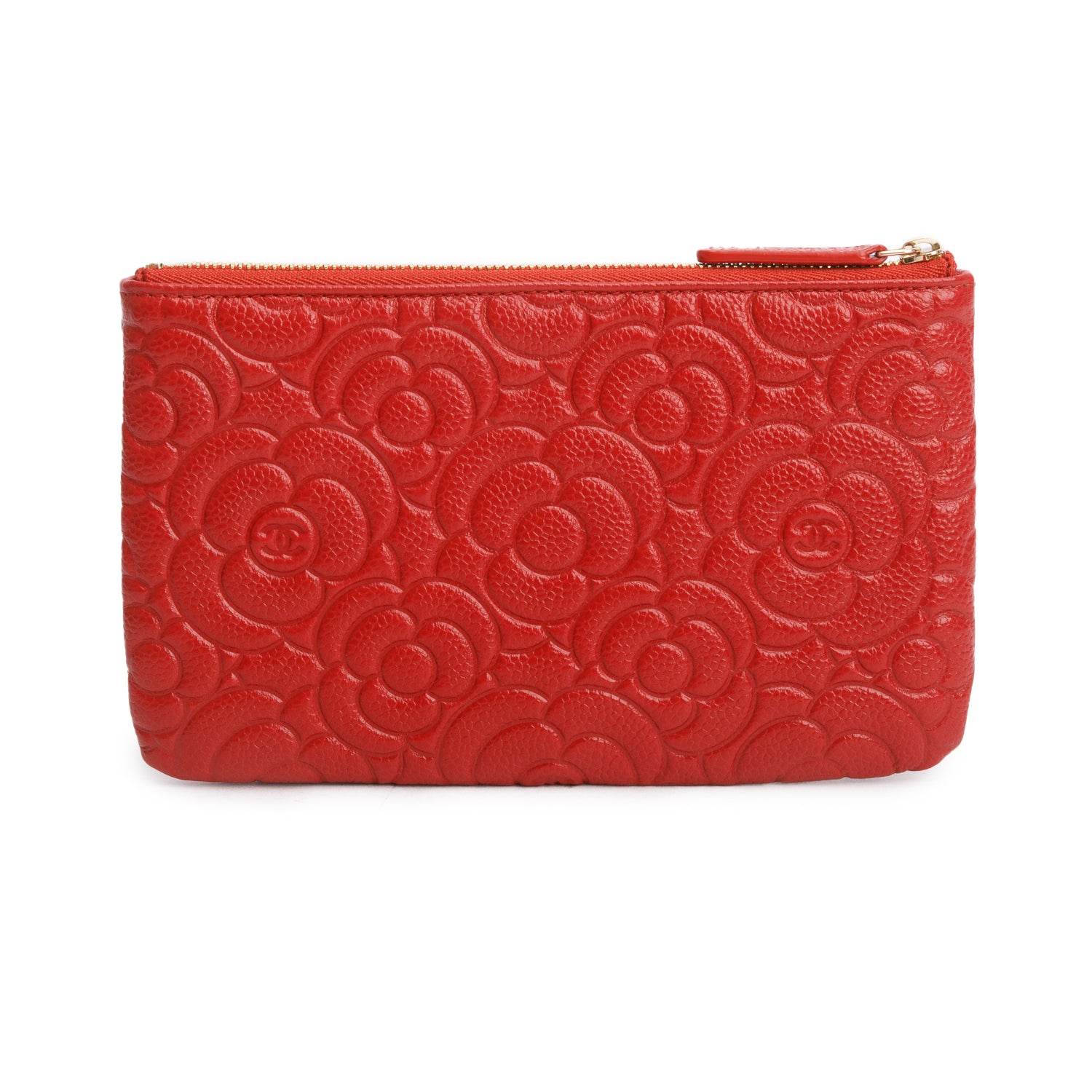 Chanel Red Caviar Camellia Embossed O-Case w/ Box & Authenticity Card