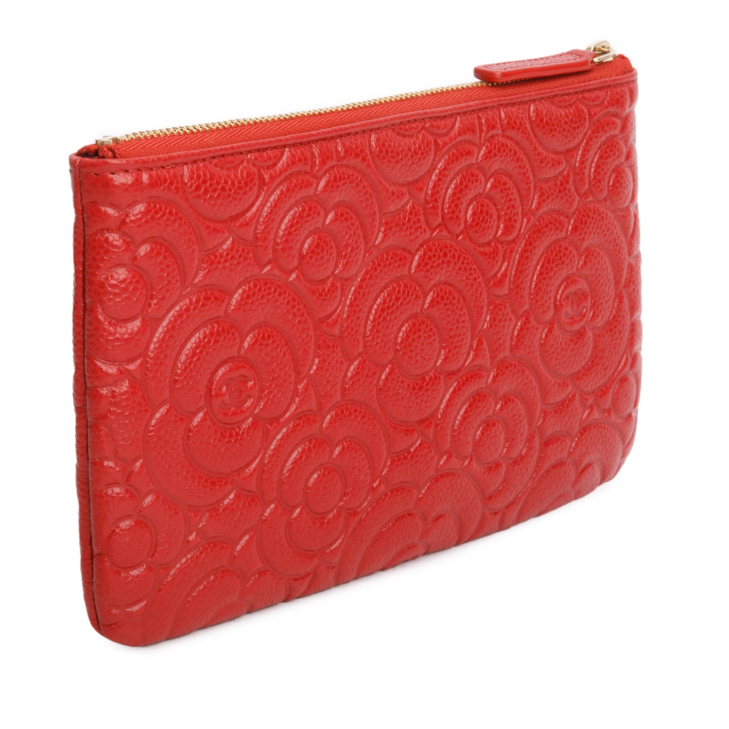Chanel Red Caviar Camellia Embossed O-Case w/ Box & Authenticity Card