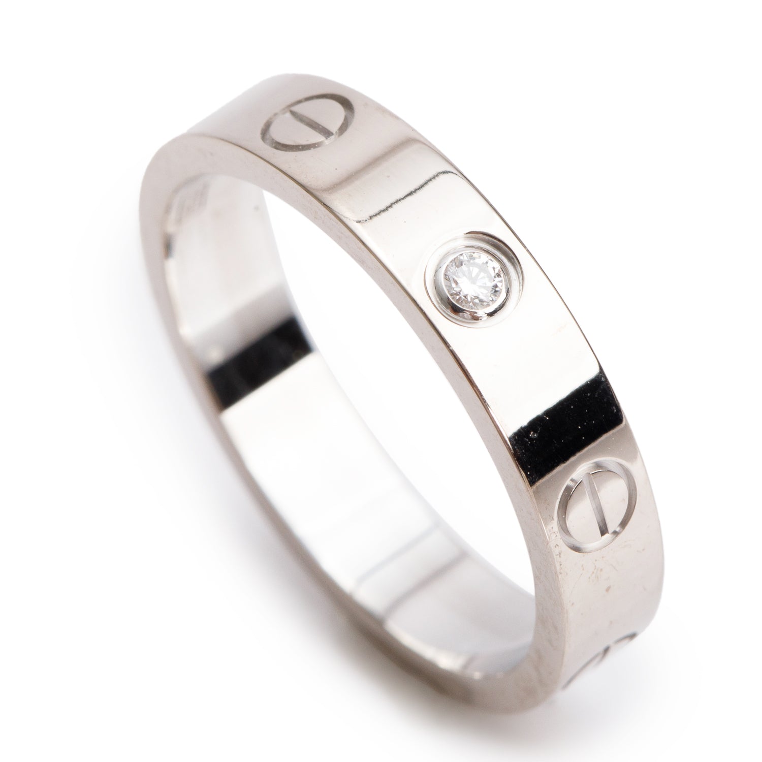 Cartier 18k White Gold 1 Diamond 4 MM Love Wedding Band Ring, Size 55 7.25 w/ Box & Certificate