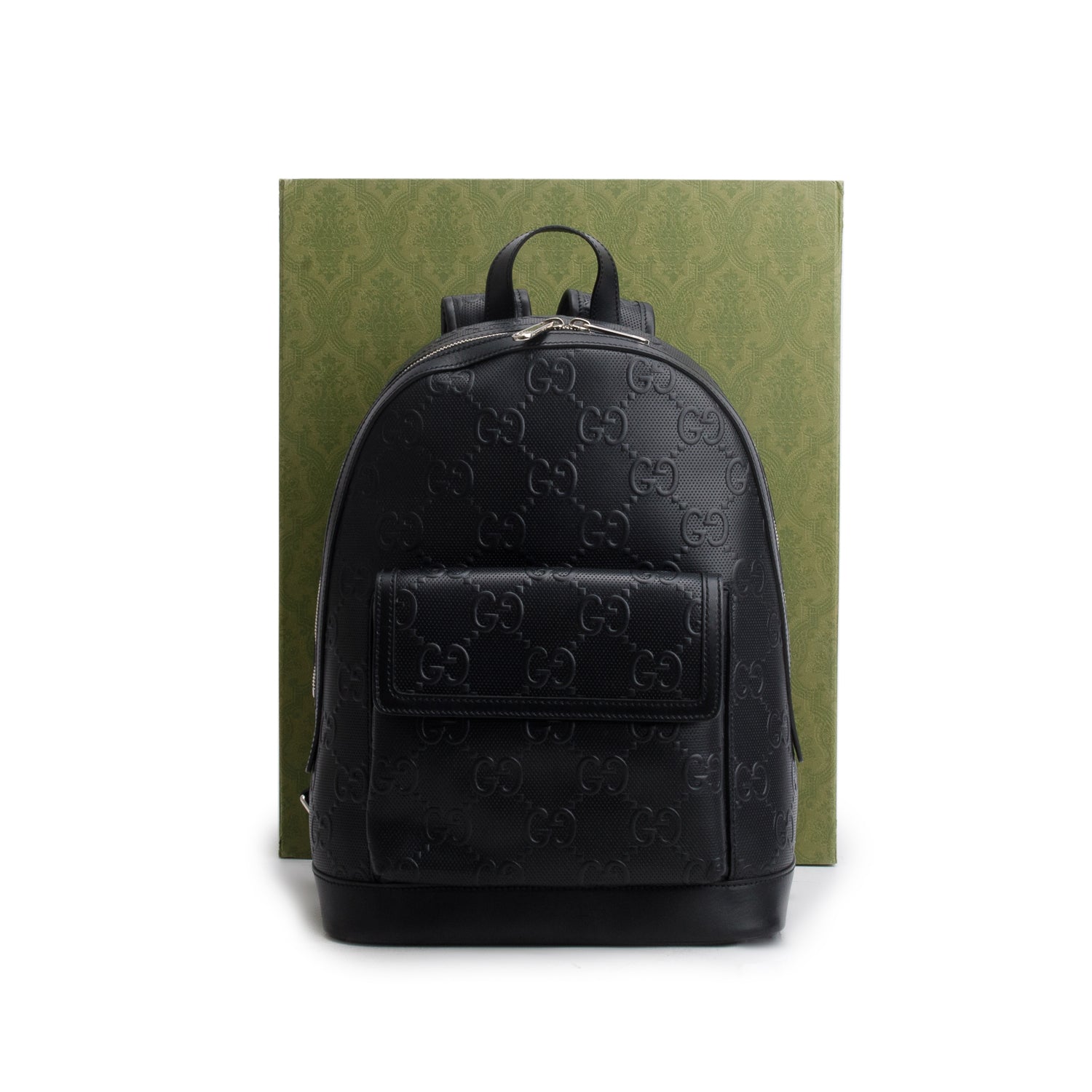 Gucci Black Embossed GG Jumbo Leather Backpack w/ Box