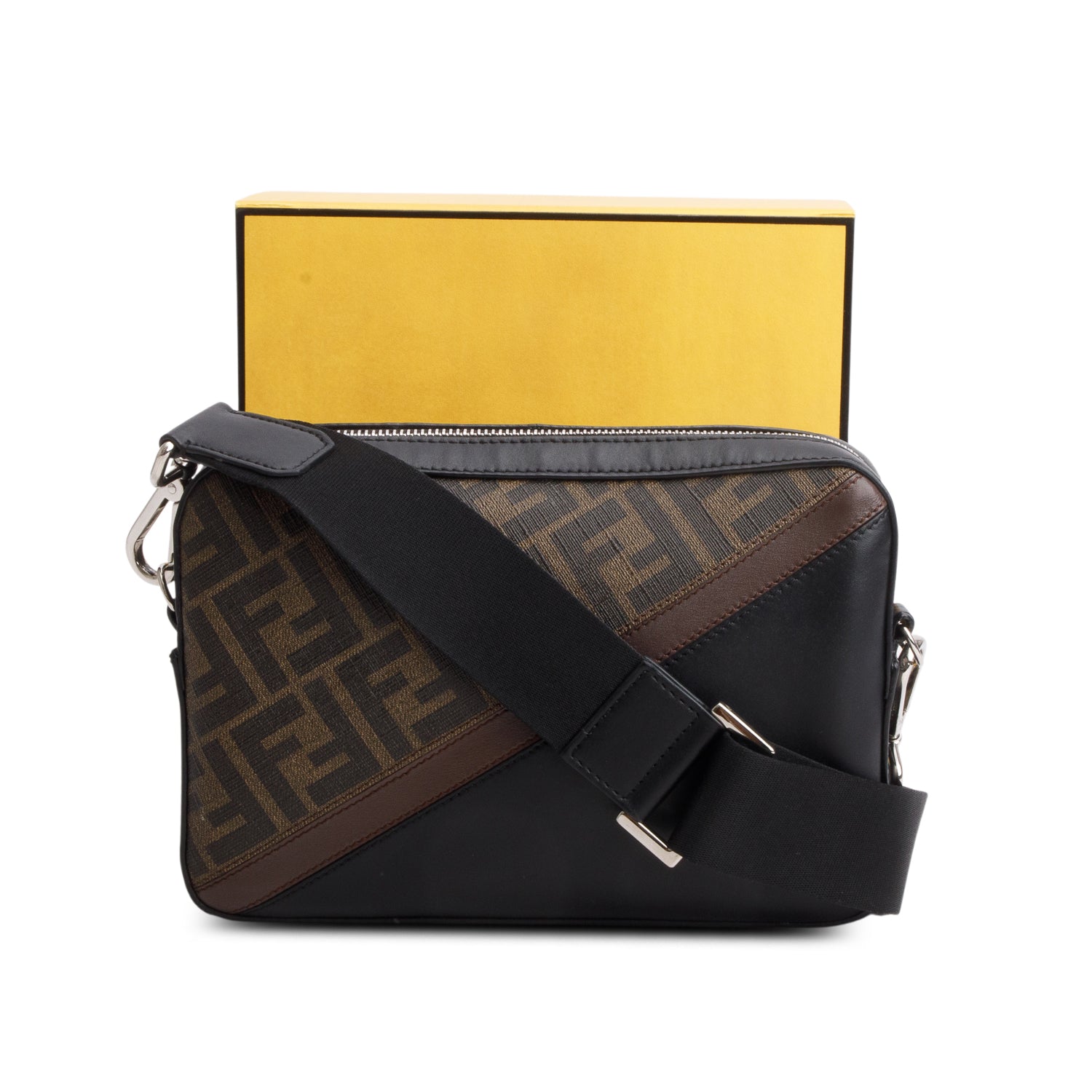 Fendi 2020 Glazed Fabric Vitello Liberty FF 1974 Diagonal Medium Camera Case w/ Box