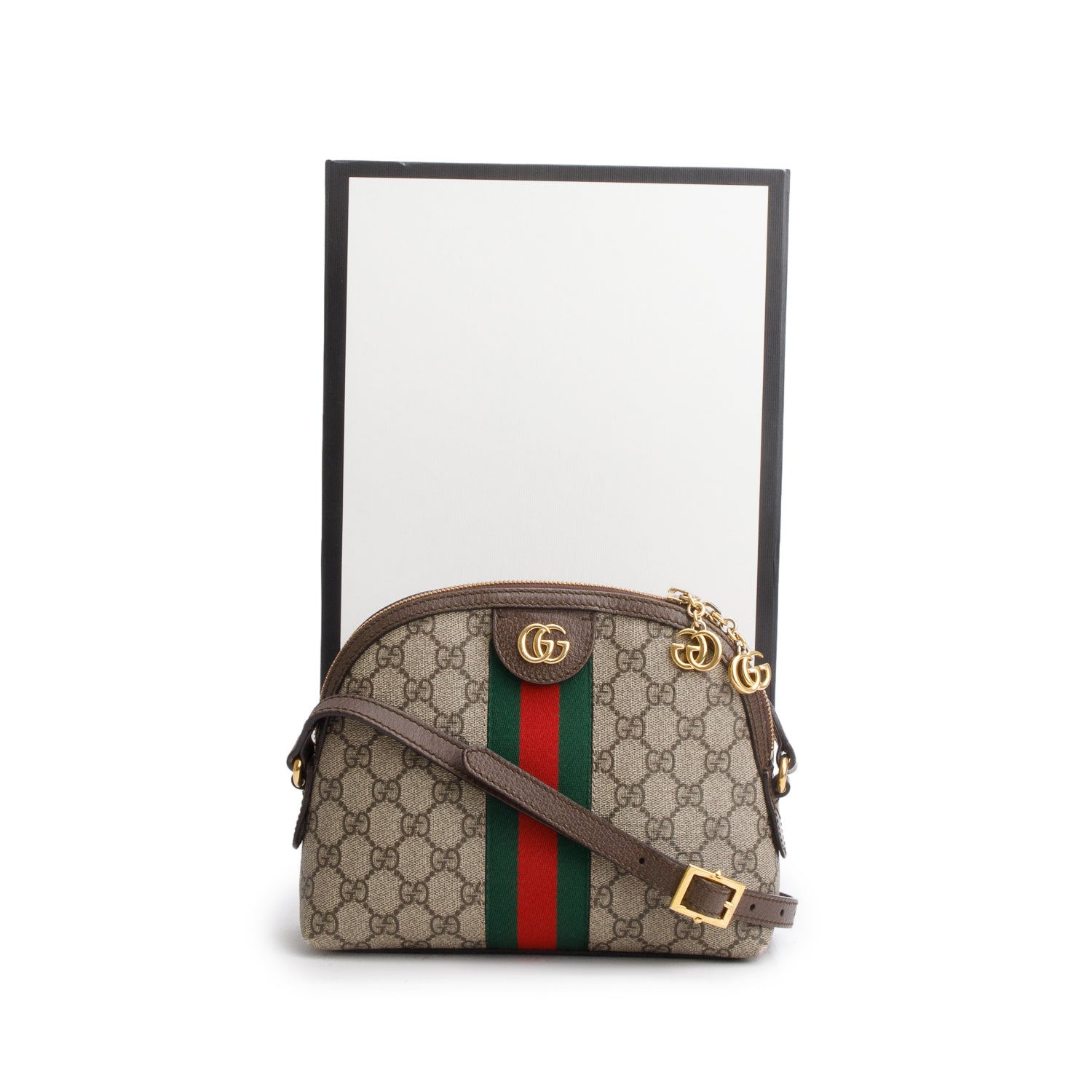 Gucci GG Supreme Monogram Textured Dollar Calfskin Web Small Ophidia Dome Shoulder Bag w/ Box