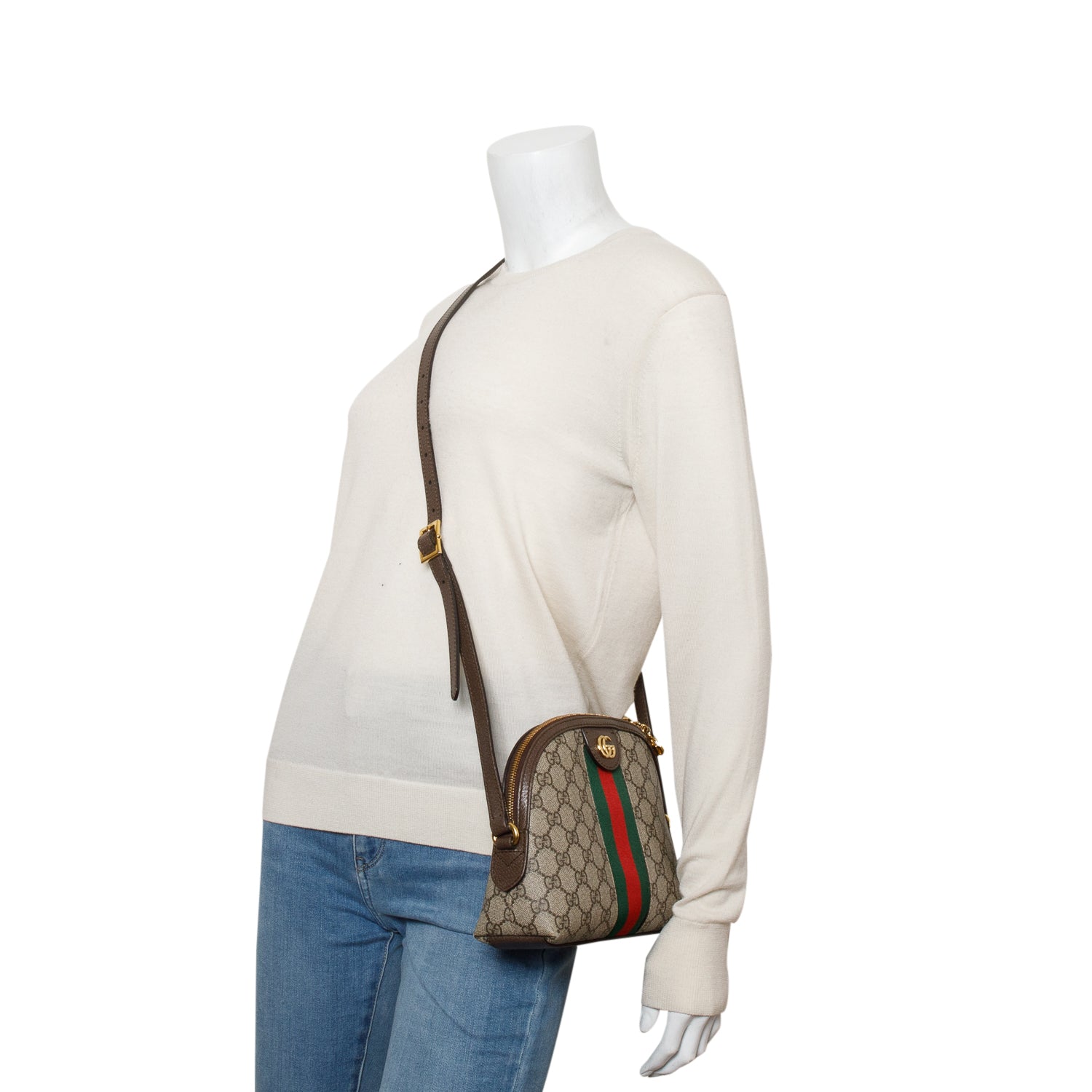 Gucci GG Supreme Monogram Textured Dollar Calfskin Web Small Ophidia Dome Shoulder Bag w/ Box