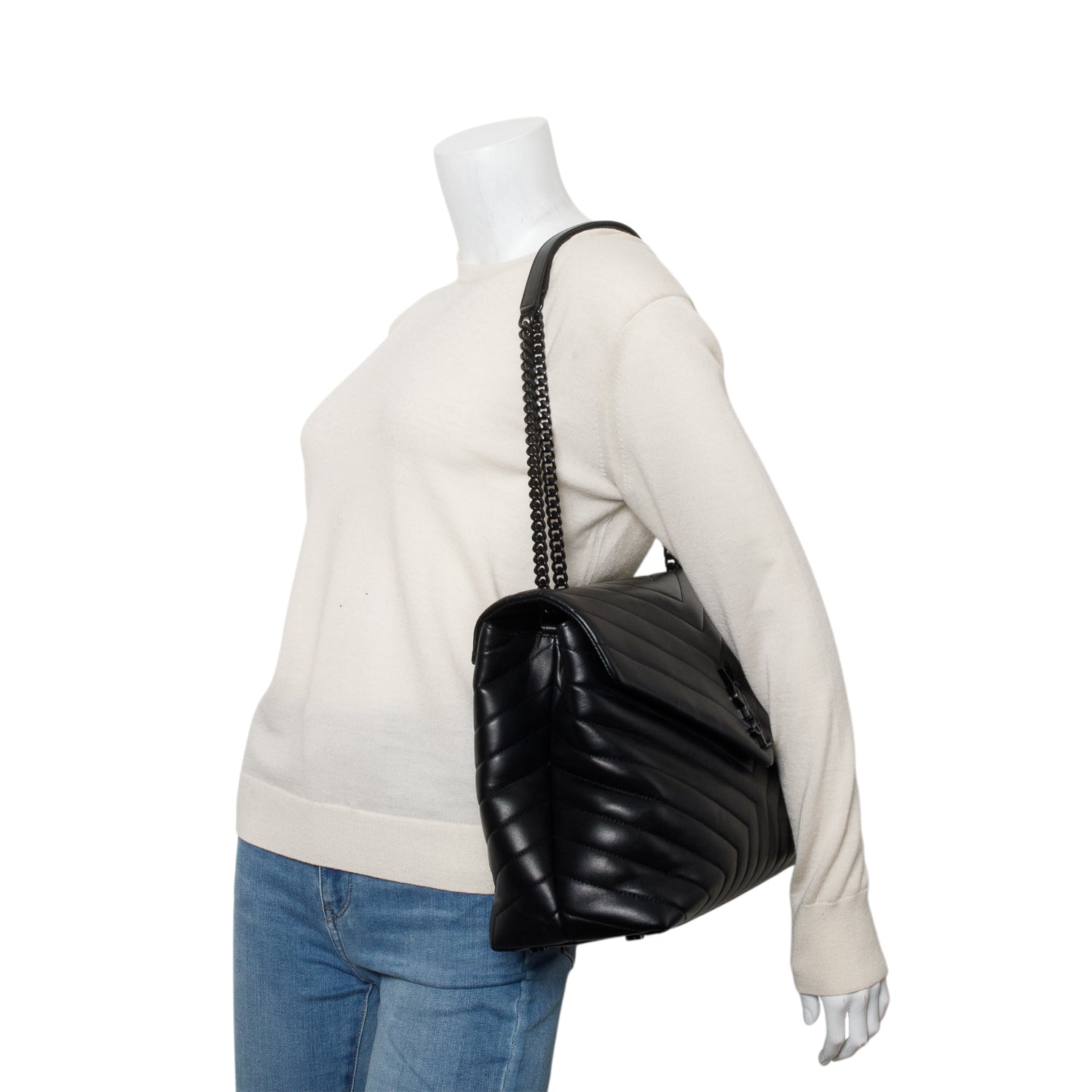 Saint Laurent 2022 Black Calfskin Y Quilted Monogram Monochrome Large Loulou Chain Satchel