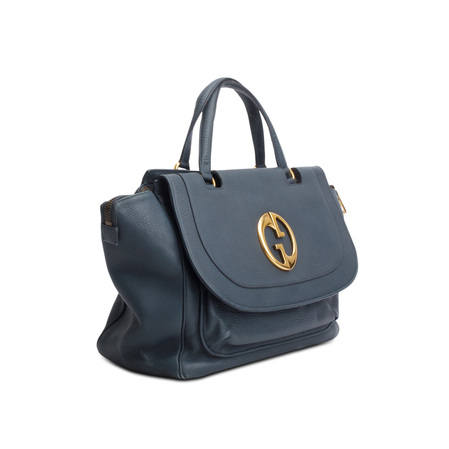 Gucci Blue Pebbled Calfskin 1973 Medium Top Handle Bag
