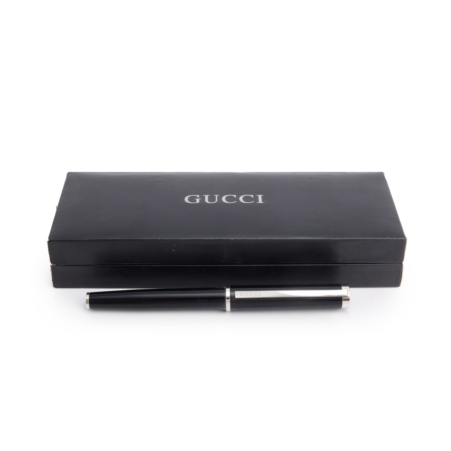 Gucci Platinum Coated Black Resin Ballpoint Pen w/ Box