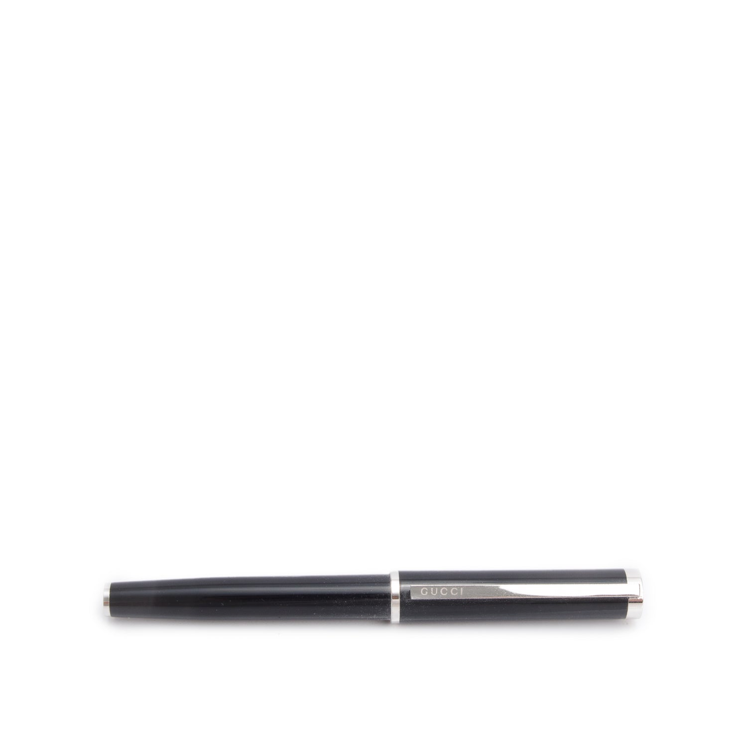 Gucci Platinum Coated Black Resin Ballpoint Pen w/ Box