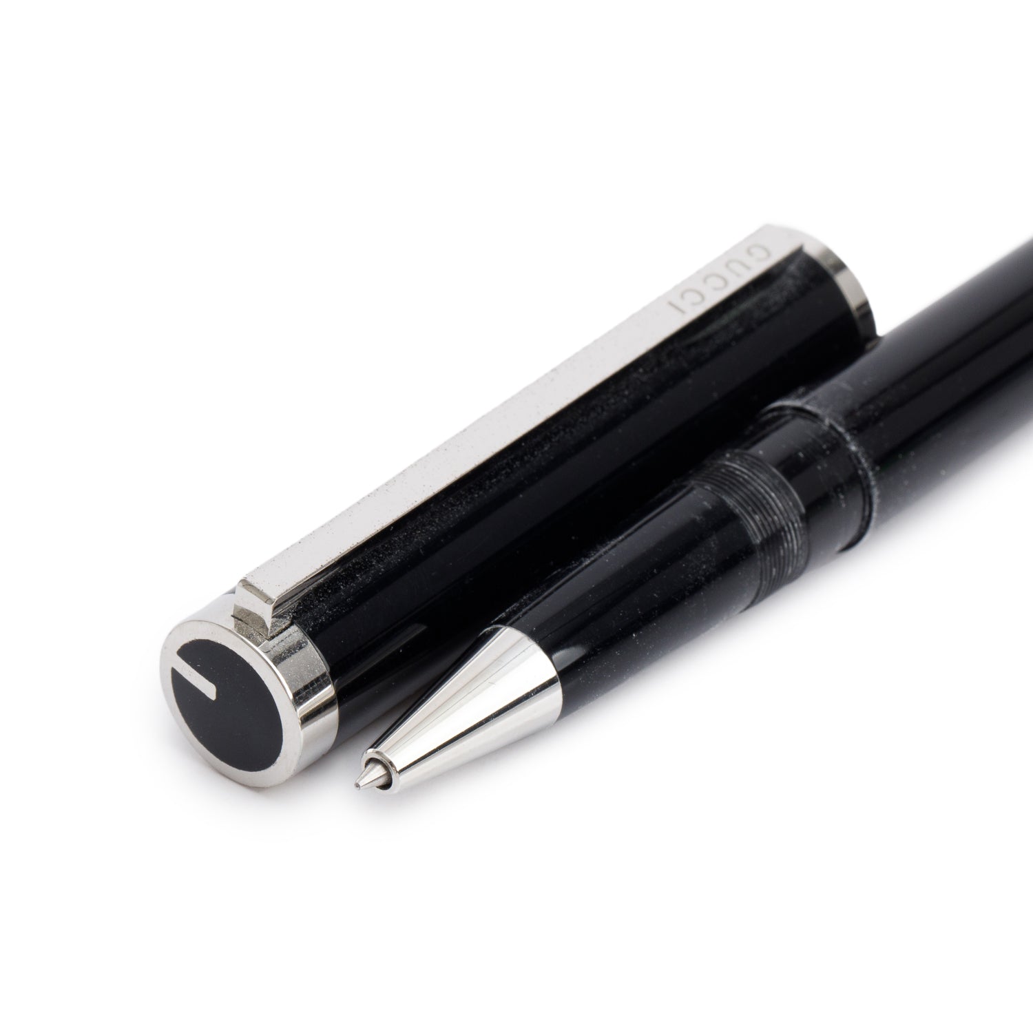 Gucci Platinum Coated Black Resin Ballpoint Pen w/ Box