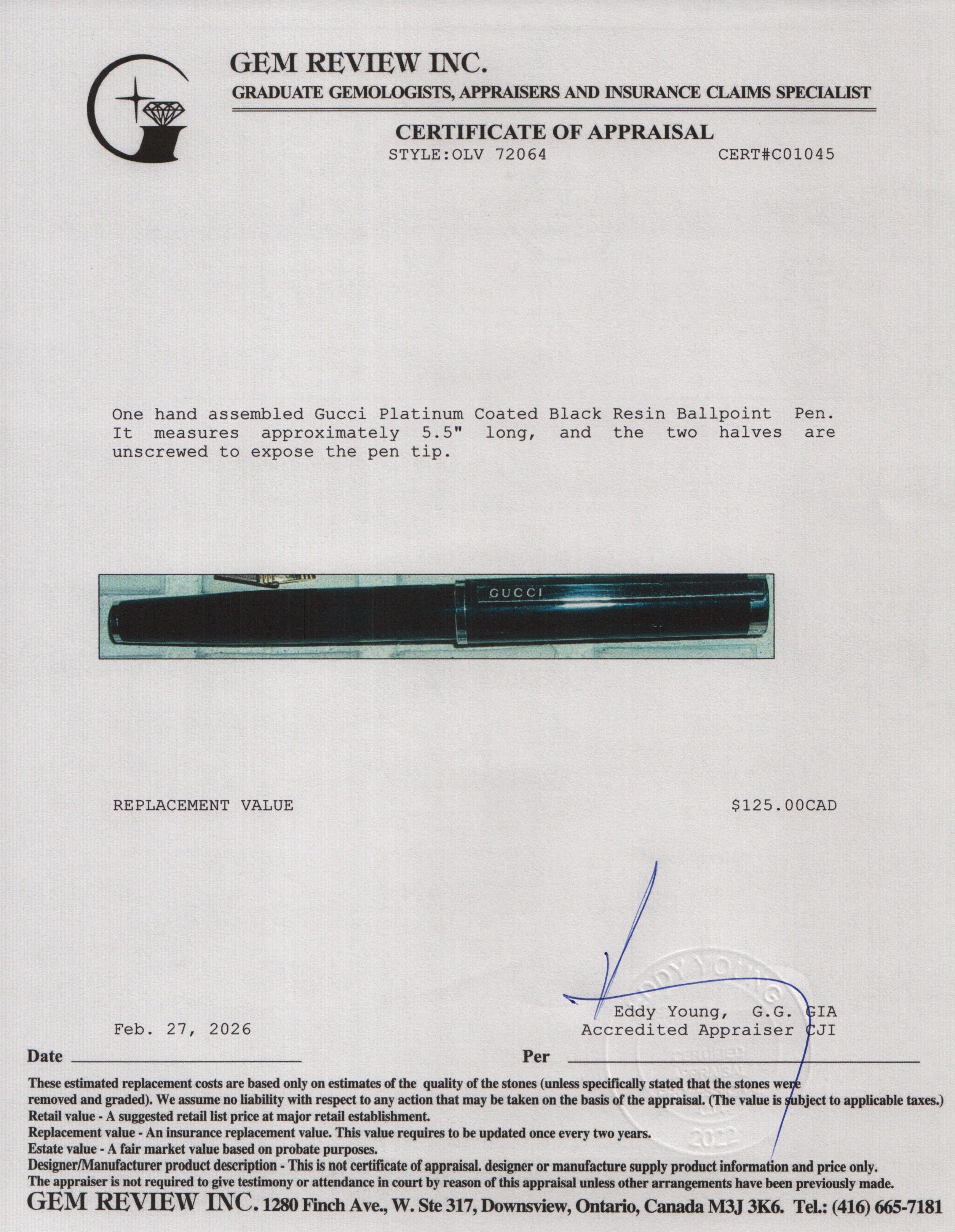 Gucci Platinum Coated Black Resin Ballpoint Pen w/ Box
