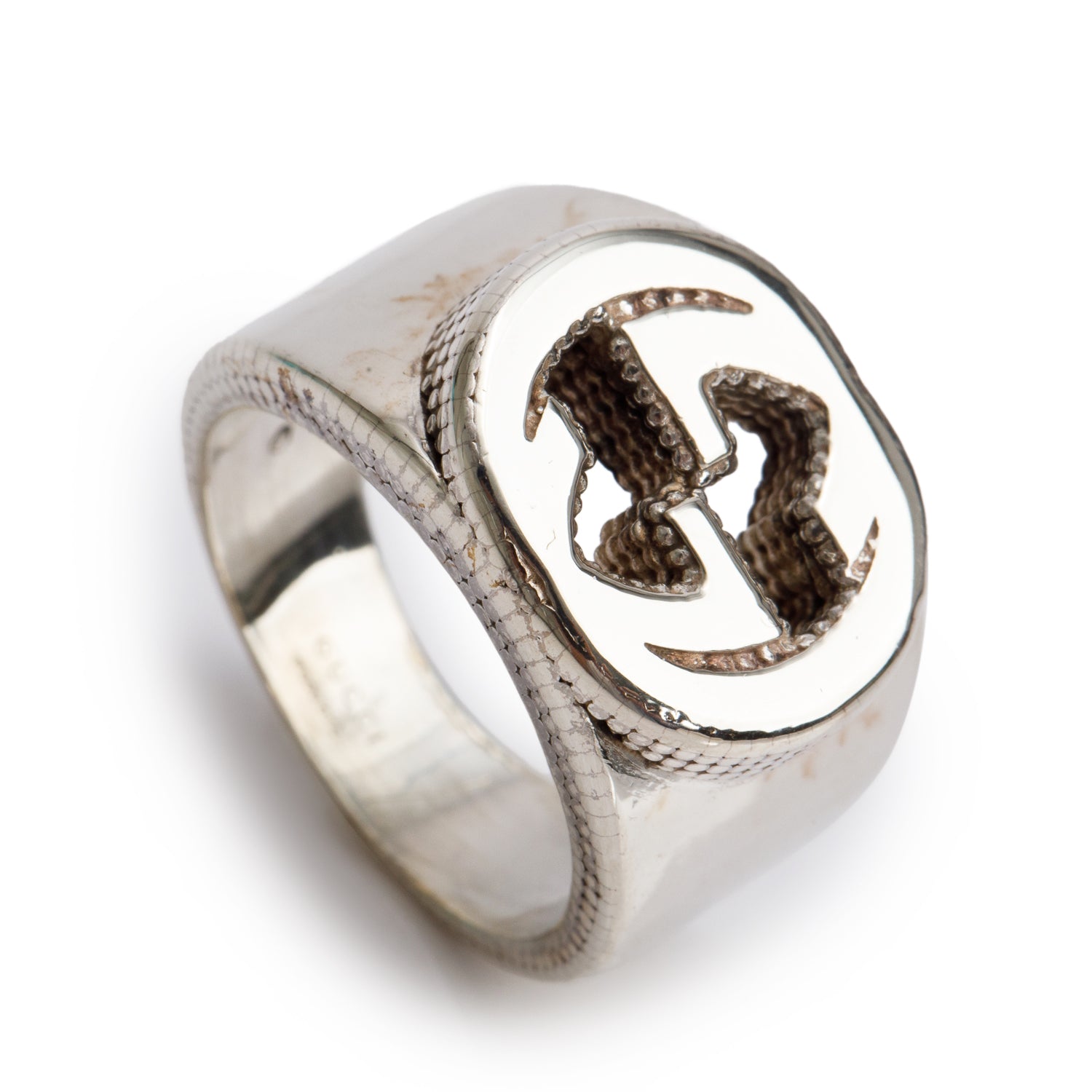Gucci Sterling Silver Interlocking G Signet Ring, Size 16 6.75