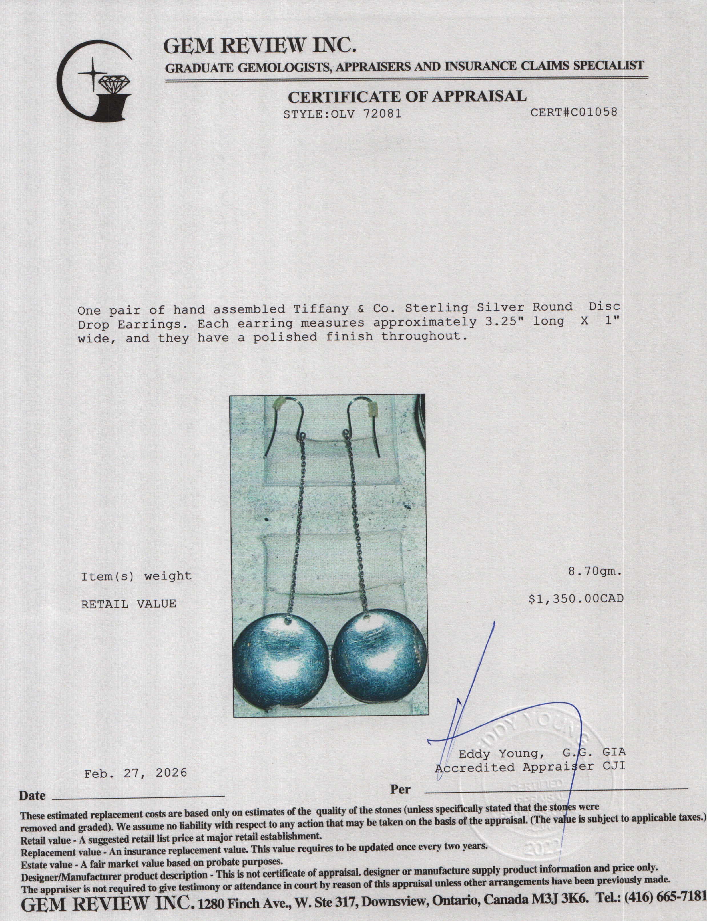 Tiffany & Co. Elsa Peretti Sterling Silver Round Disc Drop Earrings